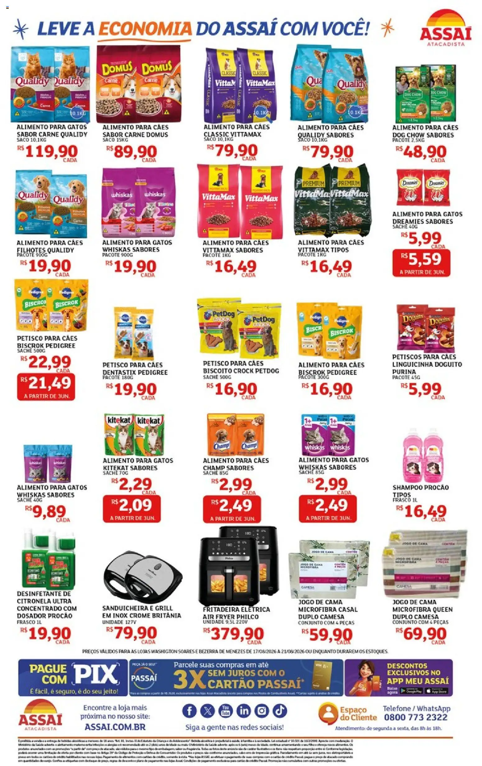 Assaí Atacadista Folheto - válido de 17/08/2026 | Página: 4 | Produtos: Petiscos, Sanduicheira, Jogo de cama, Fritadeira elétrica