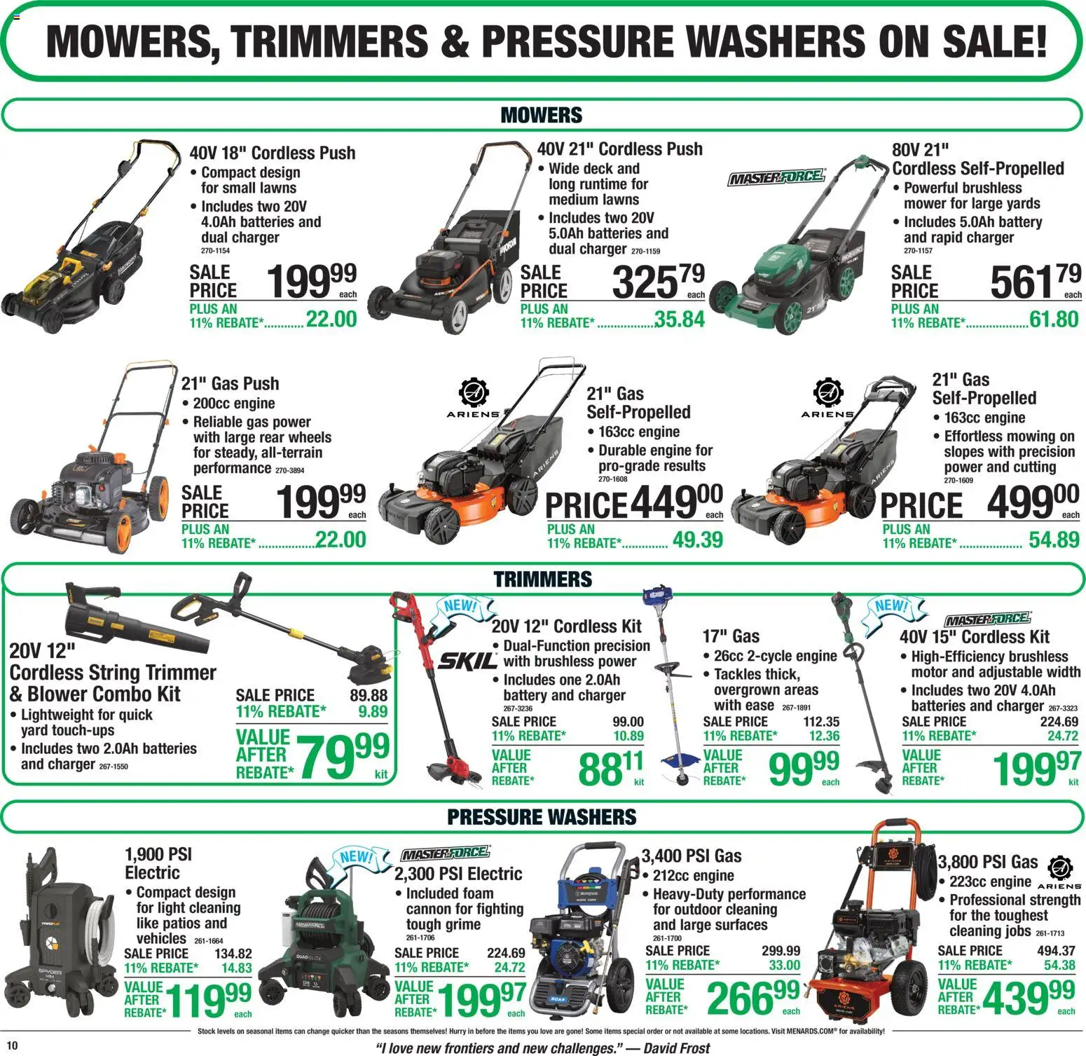 Menards Weekly Ad - valid from 20.05.2026 | Page: 13 | Products: Mower, Battery, Charger, Blower