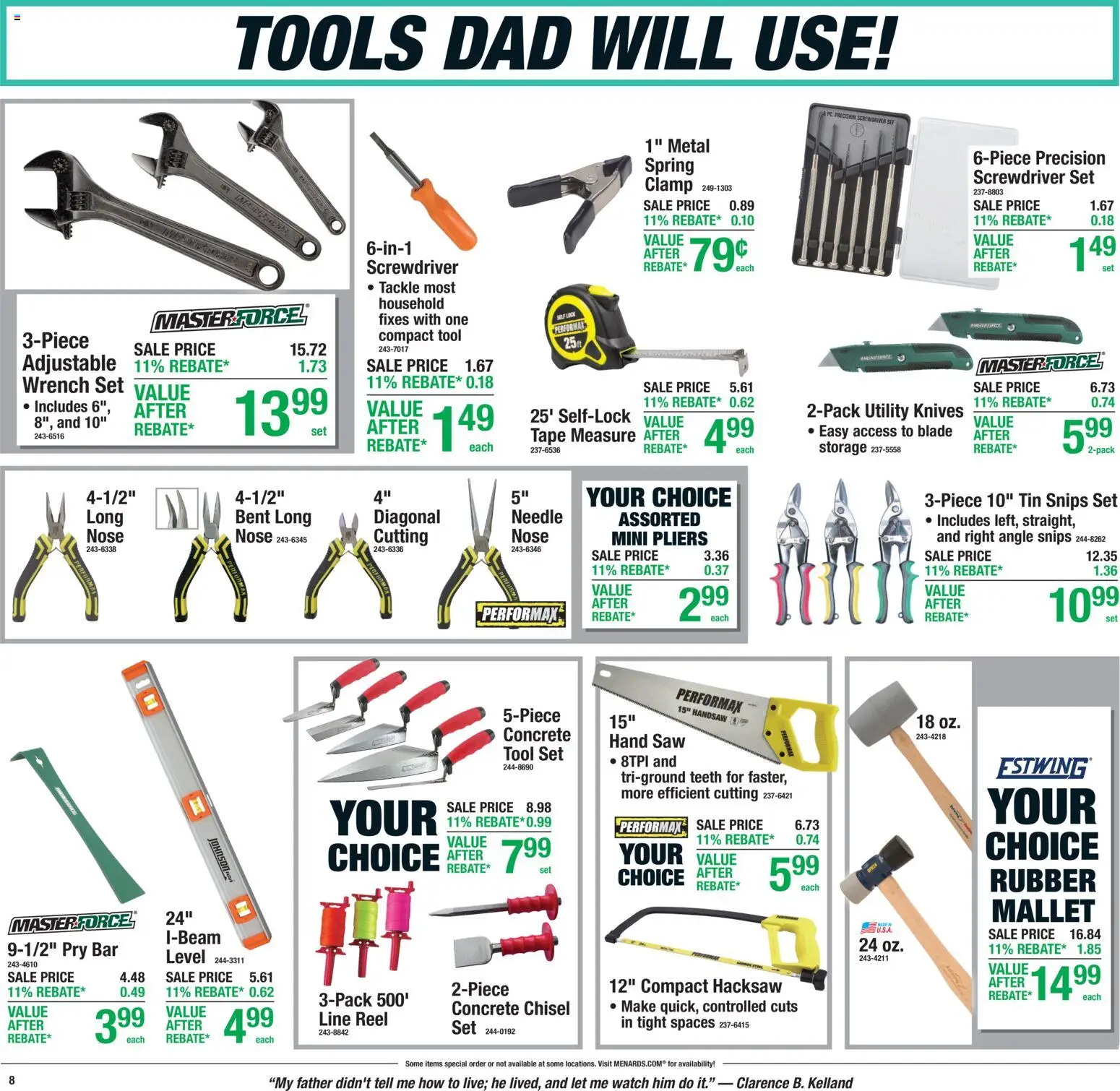 Menards Weekly Ad - valid from 11.06.2026 | Page: 9 | Products: Saw, Hacksaw, Tape Measure, Watch