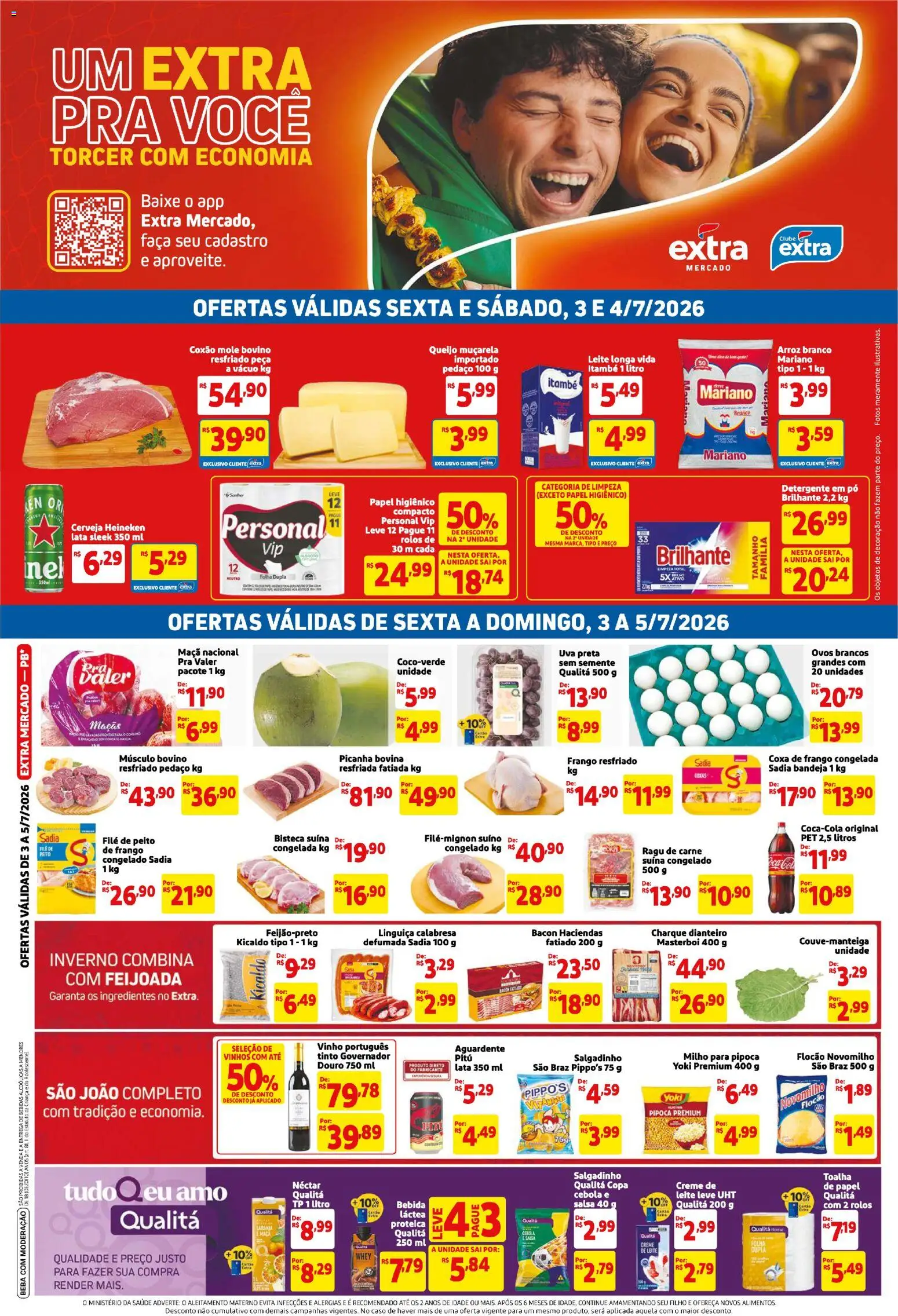 Extra Folheto - válido de 03/07/2026 | Página: 1 | Produtos: Detergente, Coxa de frango, Cerveja, Carne