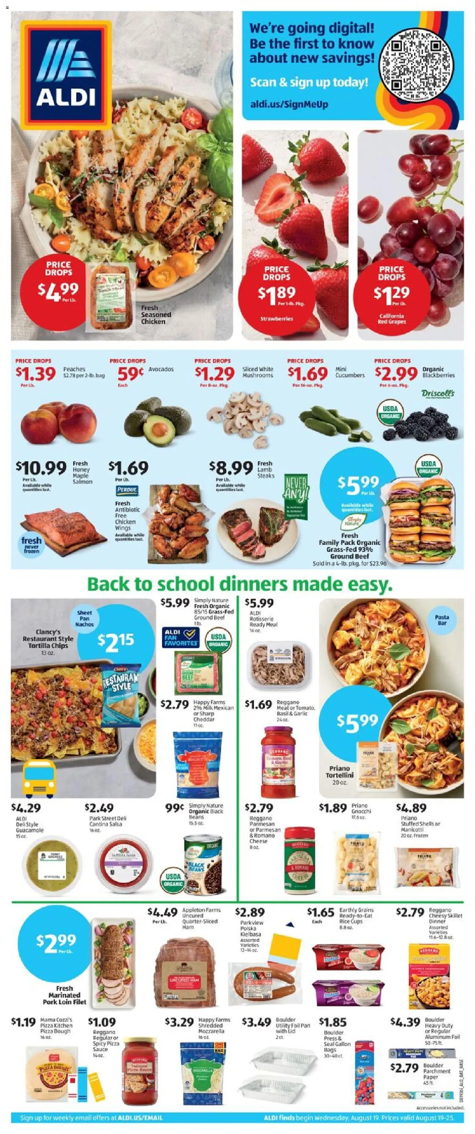 Aldi Weekly Ad - valid from 08/19/2026 | Page: 1 | Products: Peaches, Grains, Cucumbers, Dough