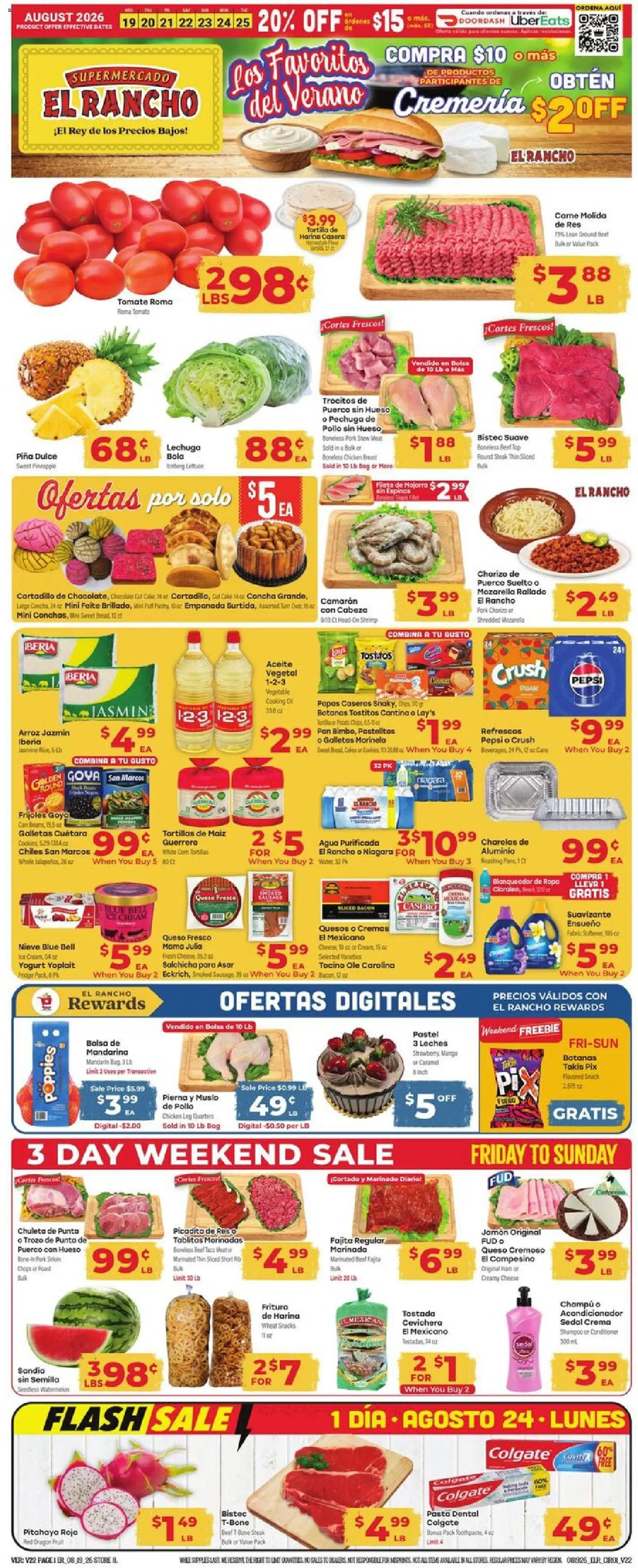 El Rancho Weekly Ad - valid from 08/19/2026 | Page: 1 | Products: Chicken, Tortillas, Watermelon, Pepsi