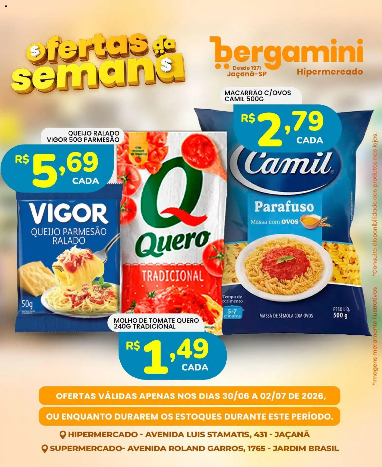 Supermercado Bergamini Folheto - válido de 30/06/2026 | Página: 18 | Produtos: Molho de tomate, Parmesão, Macarrão, Queijo parmesão