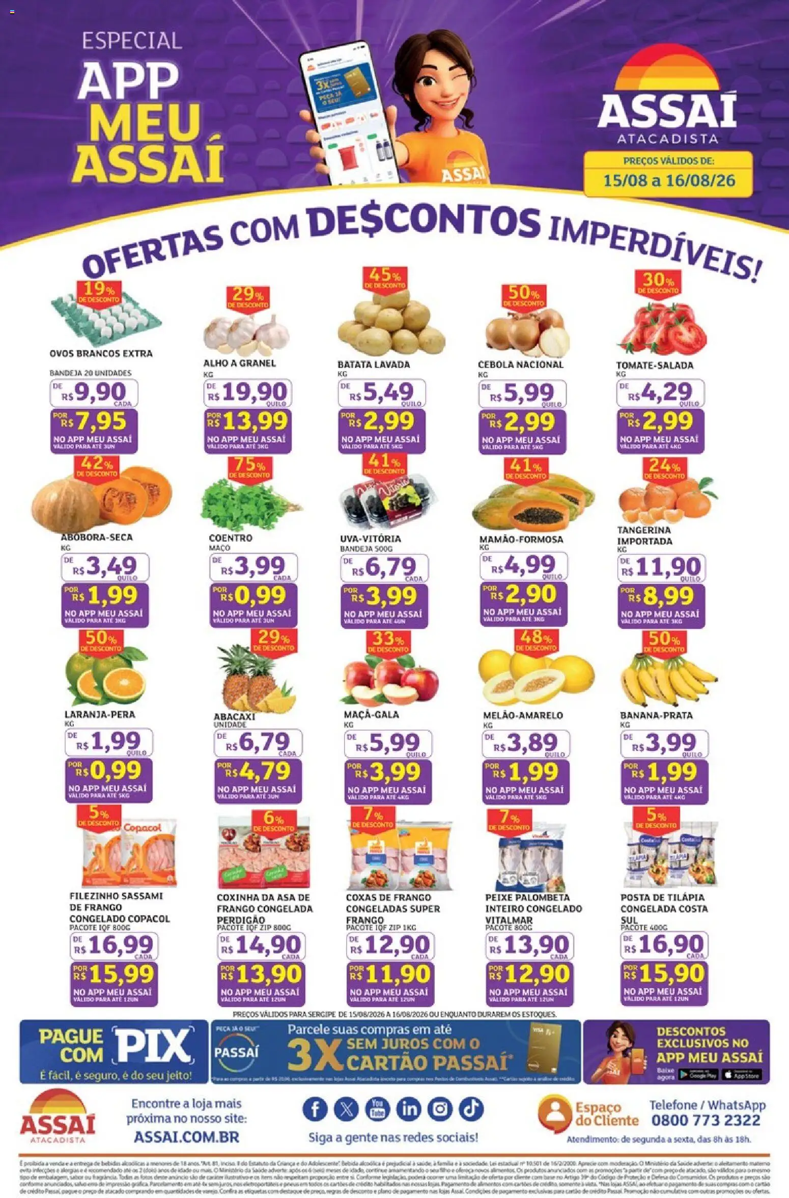 Assaí Atacadista Folheto - válido de 15/08/2026 | Página: 1 | Produtos: Alho, Bandeja, Telefone, Frango