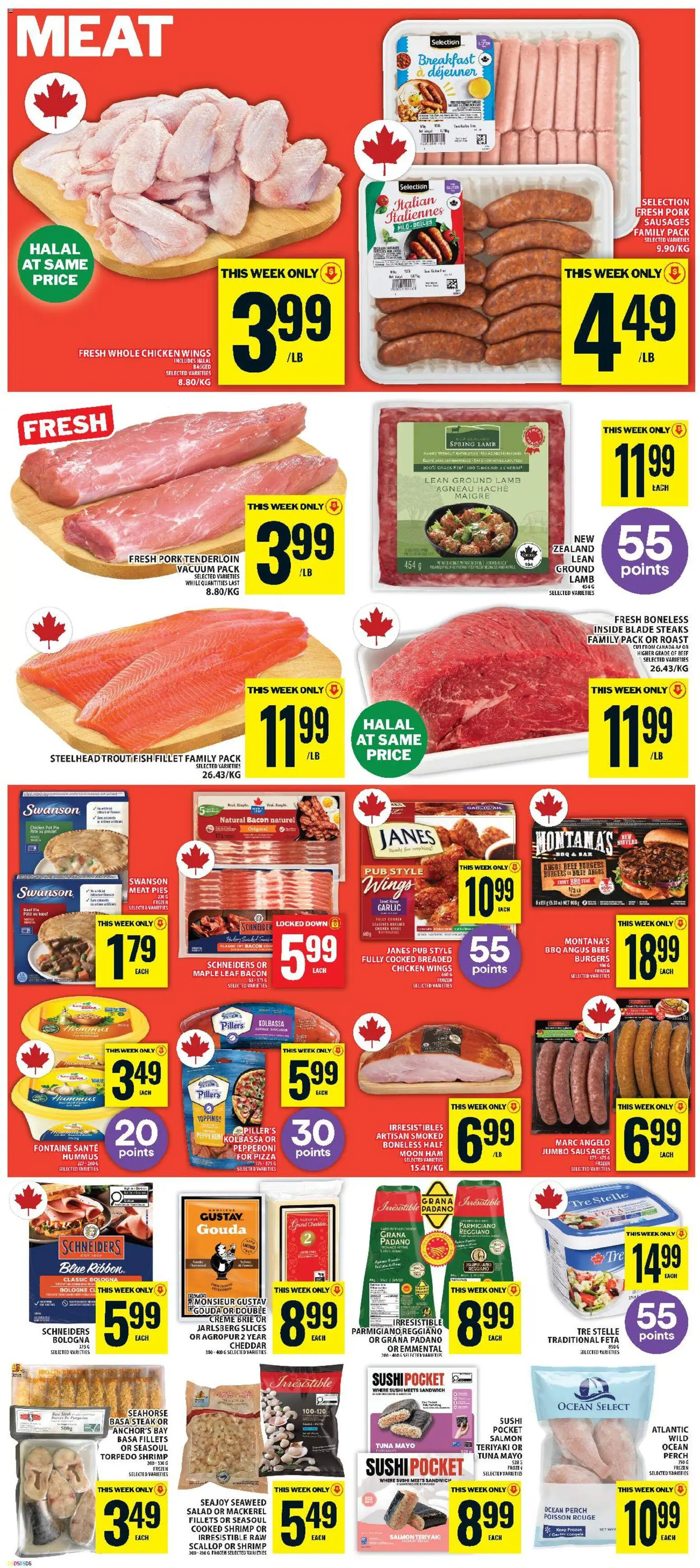 Food Basics flyer valid from Aug 20, 2026 | Page: 4 | Products: Salad, Bacon, Grana Padano, Sushi
