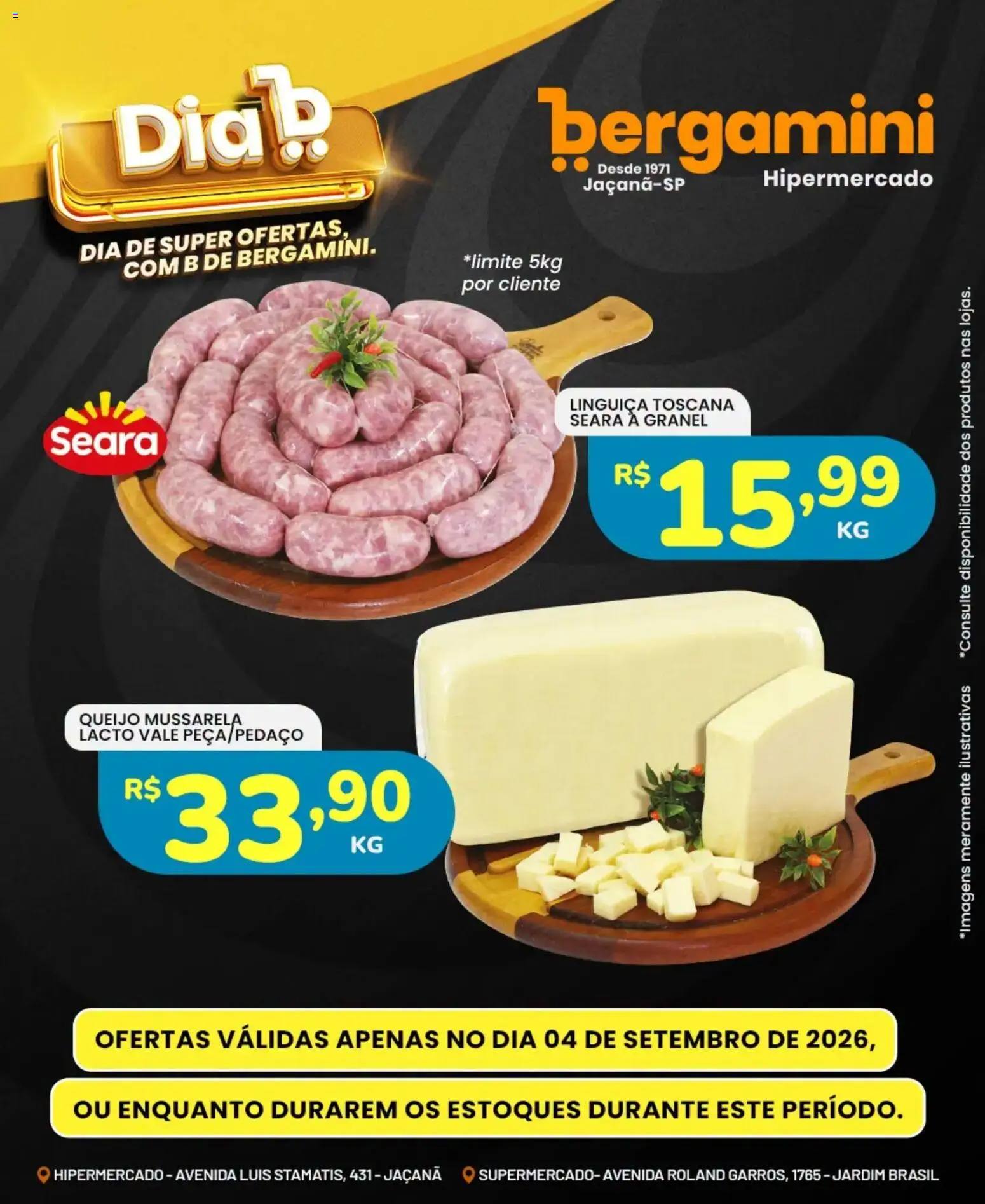 Supermercado Bergamini Folheto - válido de 04/09/2026 | Página: 10 | Produtos: Linguiça, Queijo, Mussarela