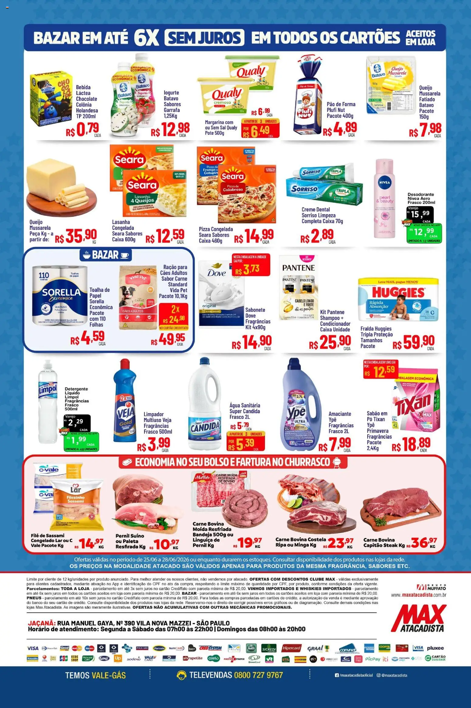 Max Atacadista Folheto - válido de 25/06/2026 | Página: 2 | Produtos: Linguiça, Pizza, Creme dental, Amaciante