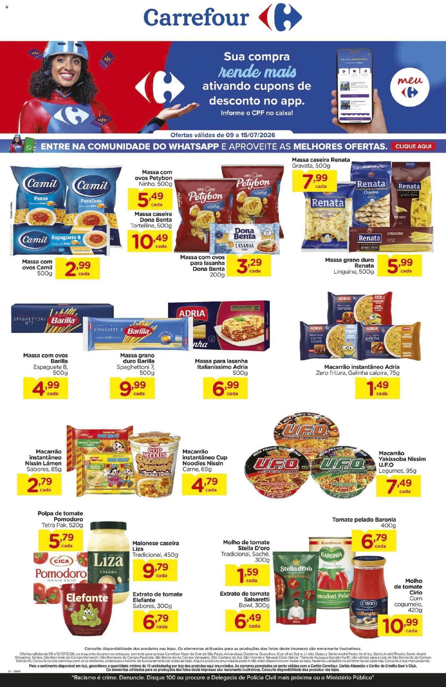 Carrefour Folheto - válido de 09/07/2026 | Página: 1 | Produtos: Molho de tomate, Ovos, Lasanha, Maionese