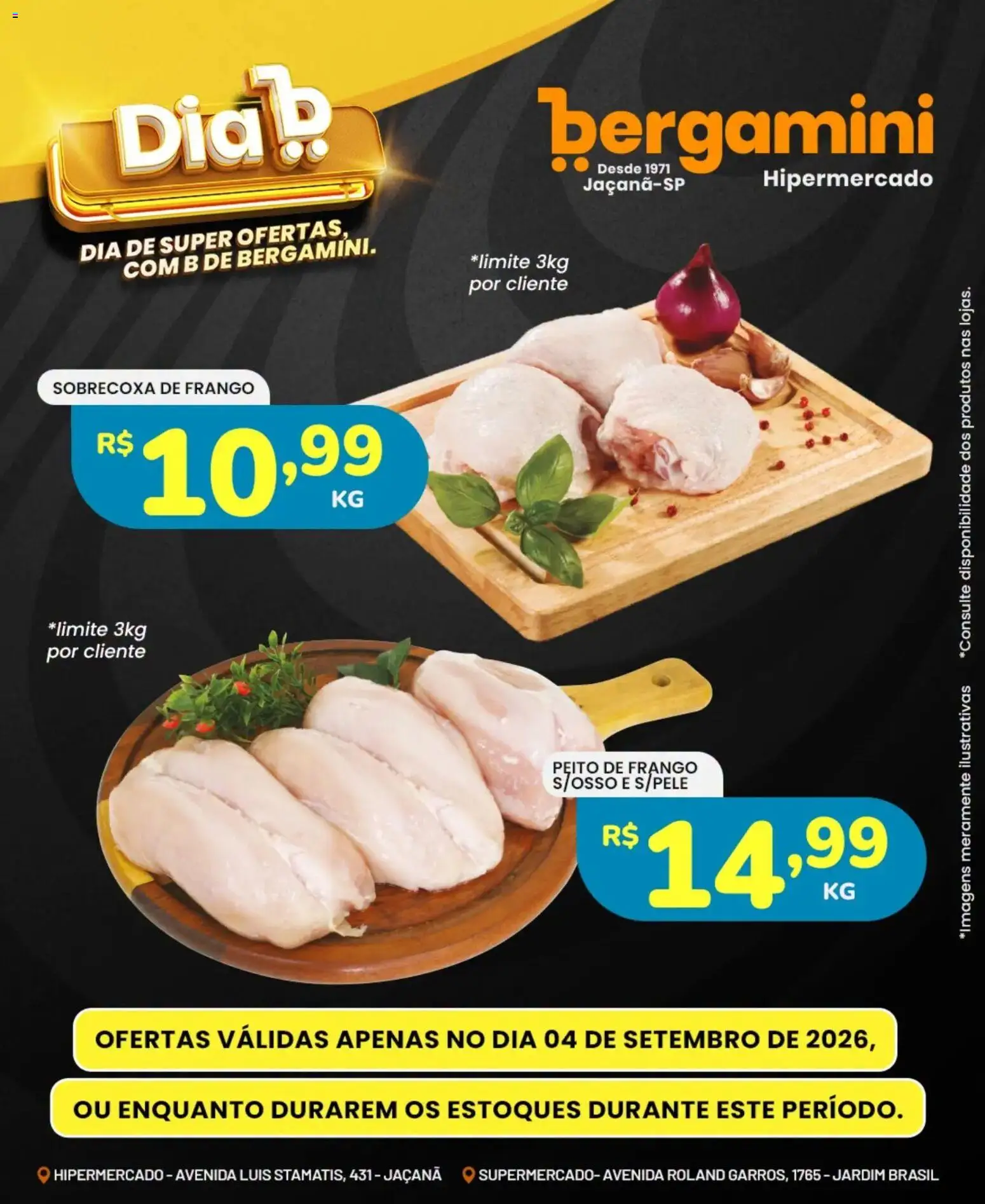 Supermercado Bergamini Folheto - válido de 04/09/2026 | Página: 1 | Produtos: Sobrecoxa de frango, Frango, Peito de frango