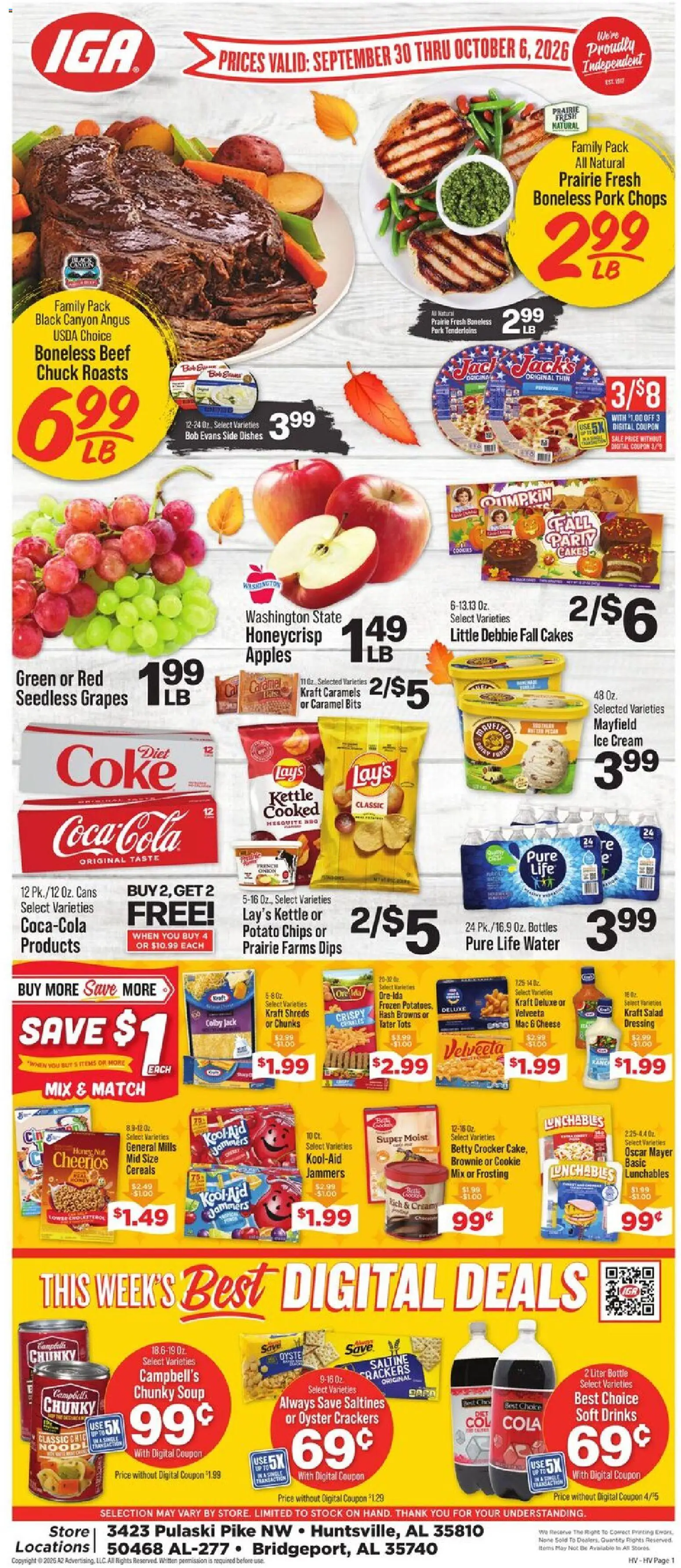 IGA Weekly Ad - valid from 09/30/2026 | Page: 1 | Products: Cheese, Potatoes, Ice, Seedless grapes