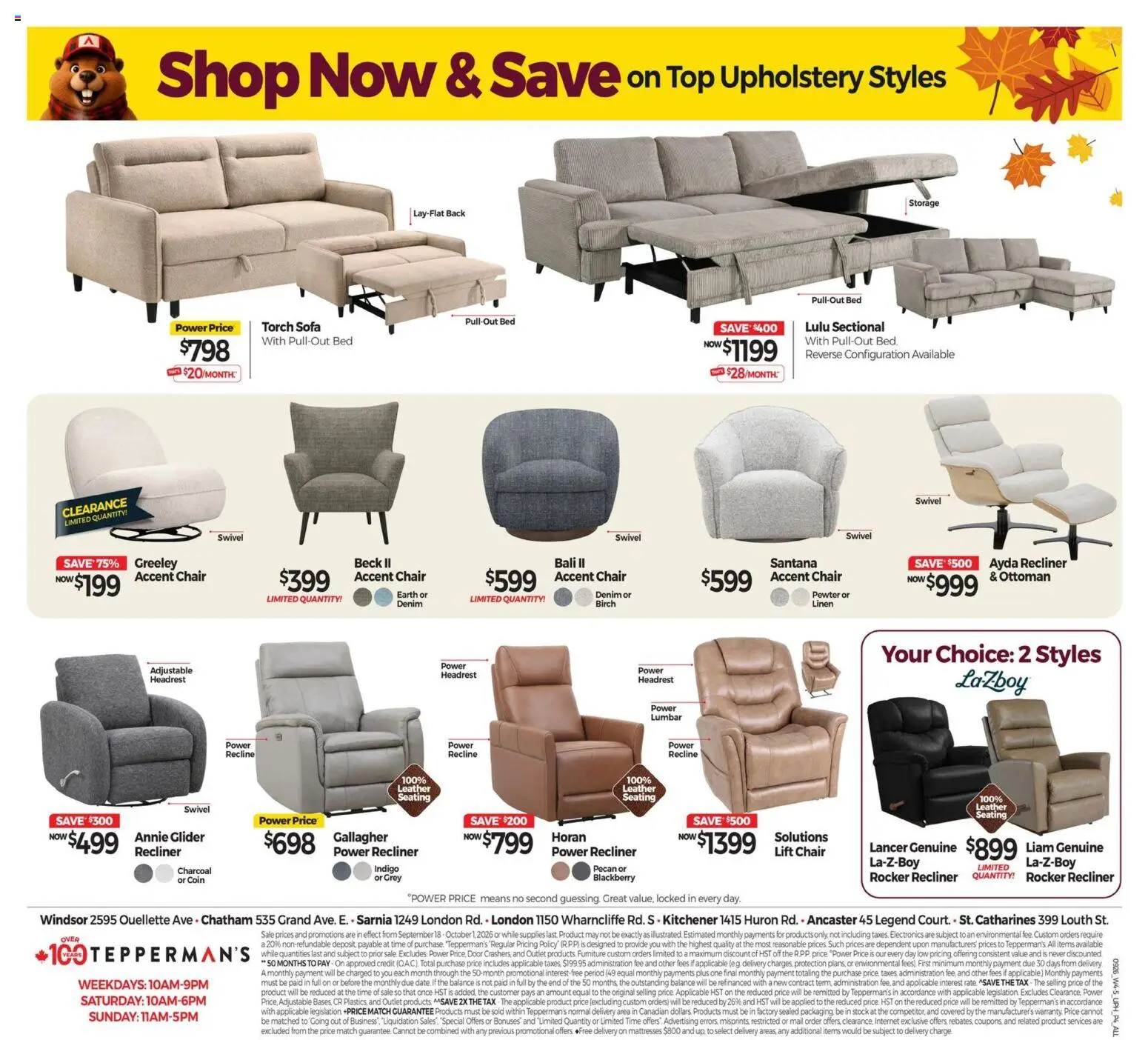 Tepperman's flyer valid from Sep 25, 2026 | Page: 12 | Products: Sofa, Chair, Charcoal, Door
