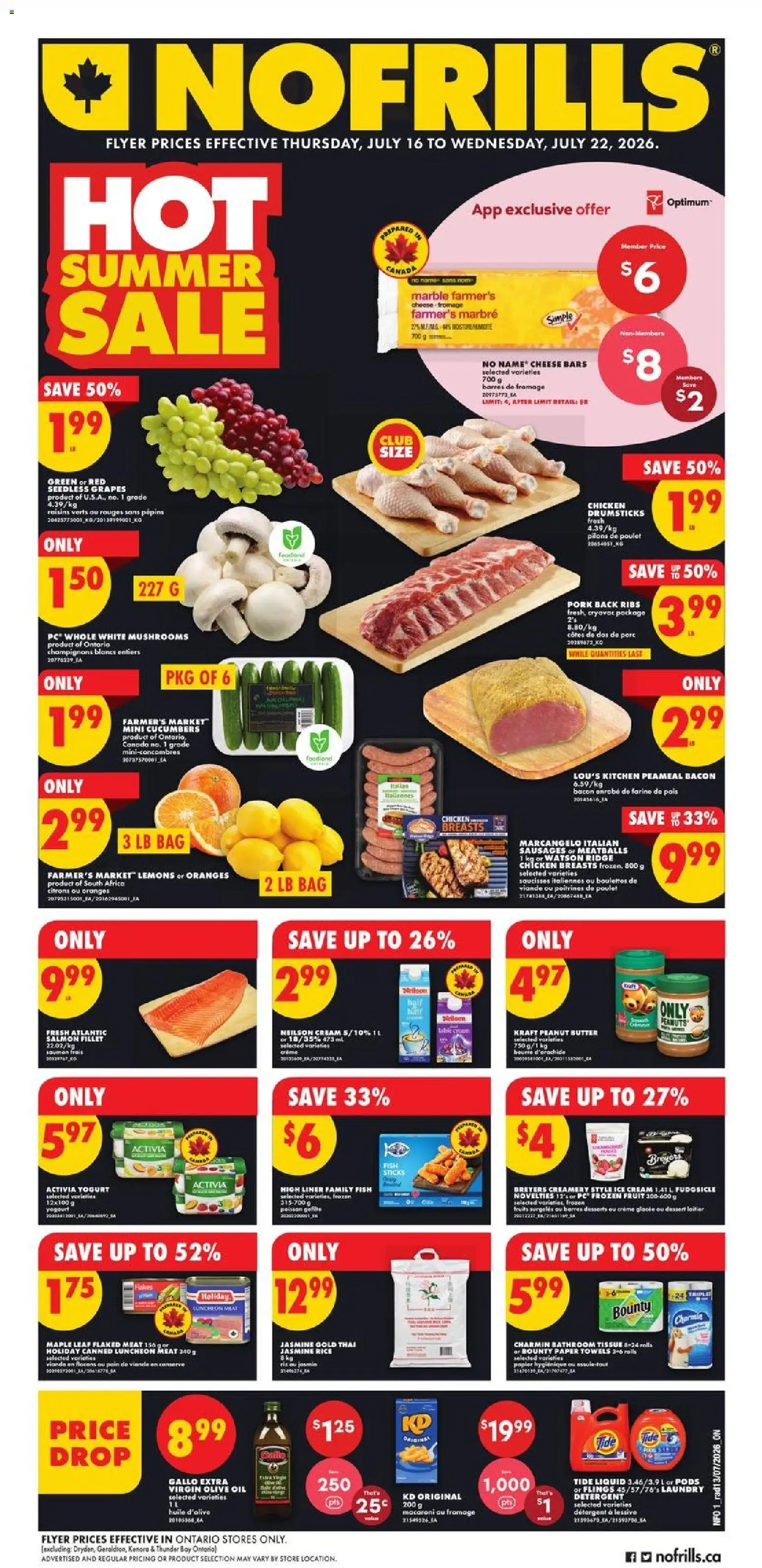 No Frills flyer valid from Jul 16, 2026 | Page: 1 | Products: Cucumbers, Bag, Chicken drumsticks, Oranges