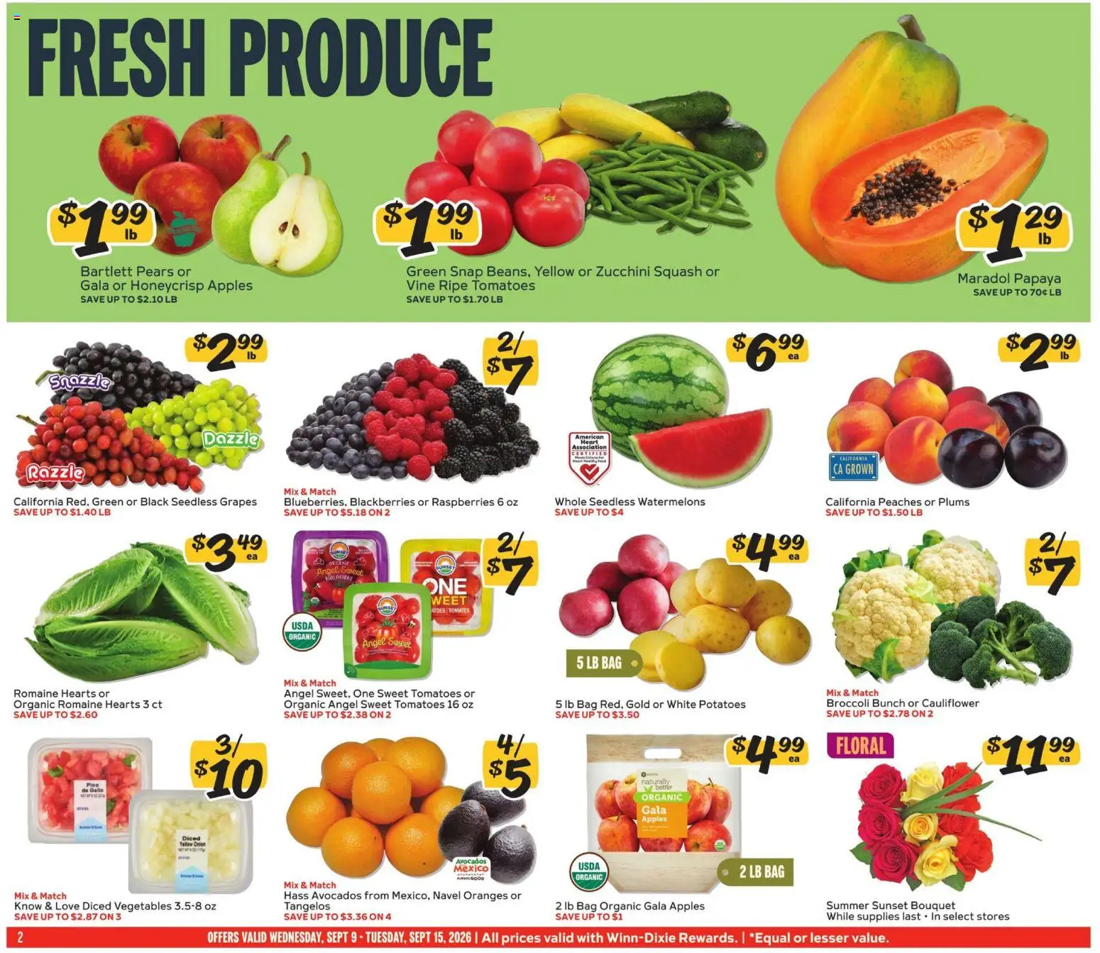 Winn Dixie Weekly Ad - valid from 09/09/2026 | Page: 2 | Products: Raspberries, Squash, Oranges, Vegetables
