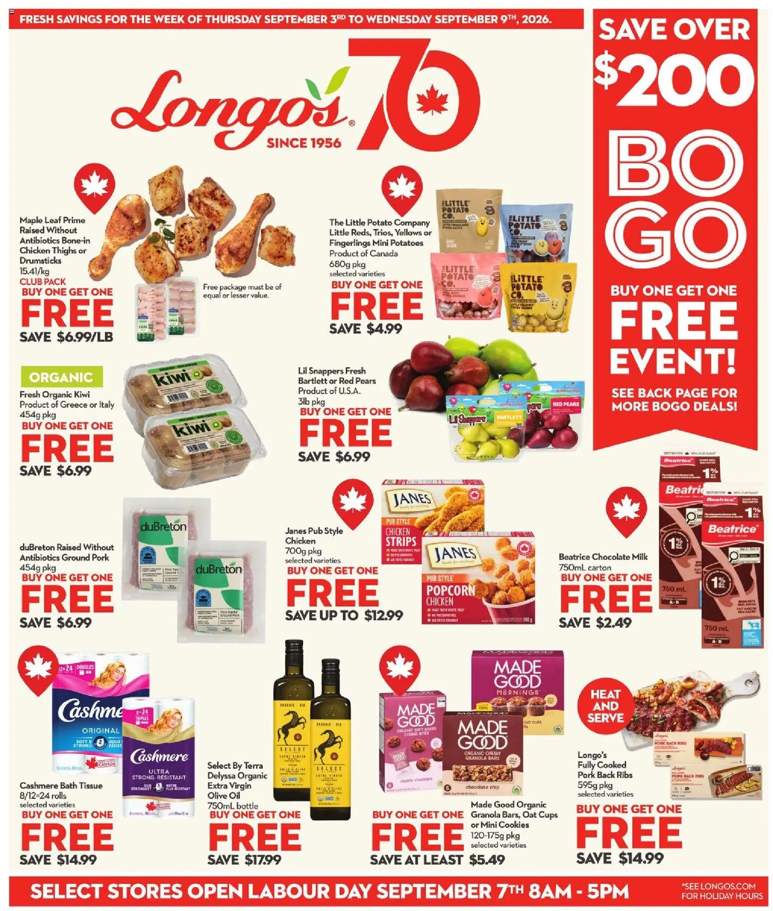 Longo's flyer valid from Sep 3, 2026 | Page: 1 | Products: Drumsticks, Chicken strips, Milk, Oil