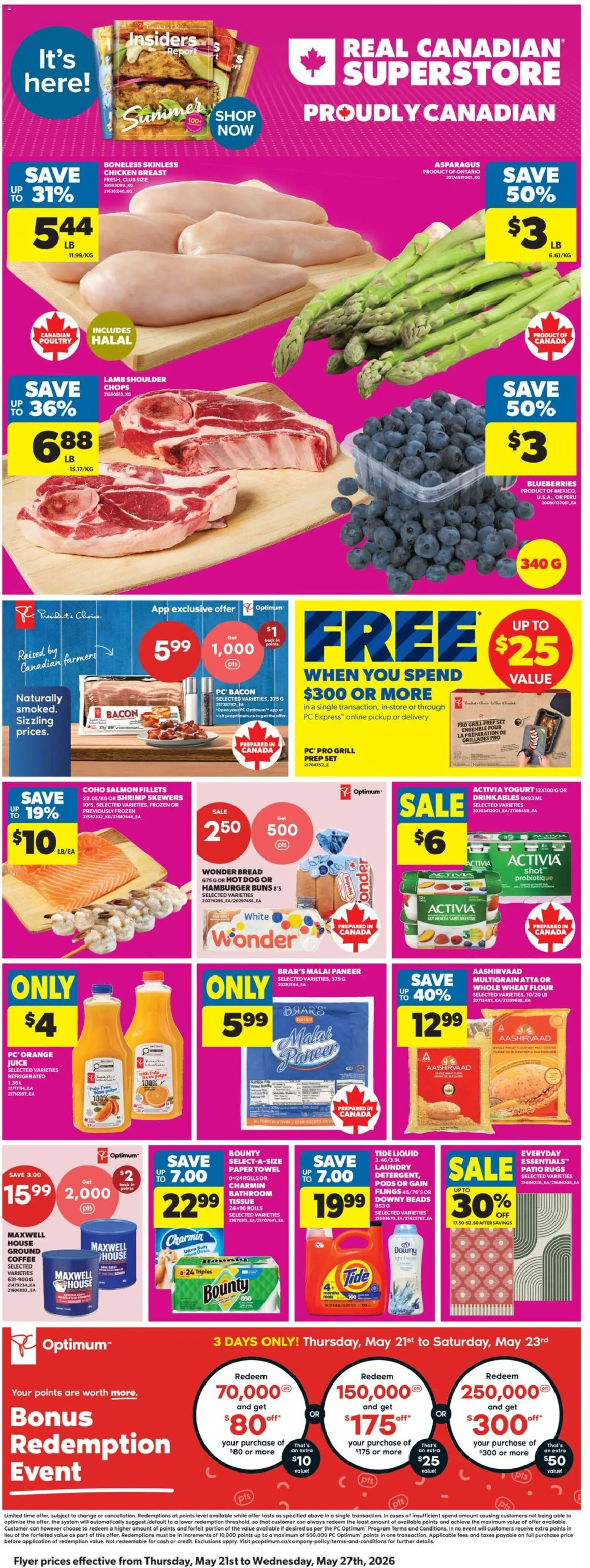 Real Canadian Superstore flyer valid from 21.05.2026 | Page: 3 | Products: Yogurt, Bread, Juice, Chicken