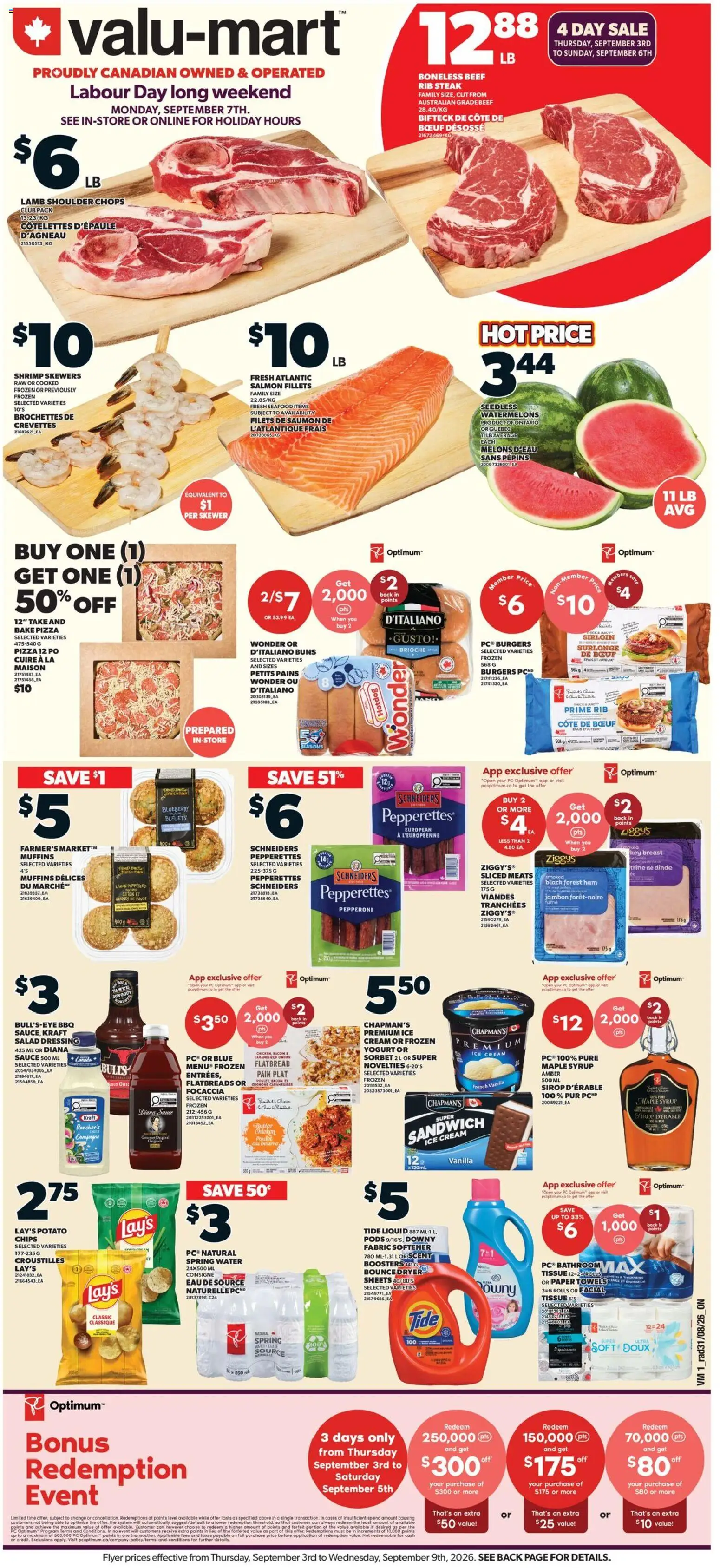 Valu Mart flyer valid from Sep 3, 2026 | Page: 1 | Products: PC, Burgers, Spring water, Chicken