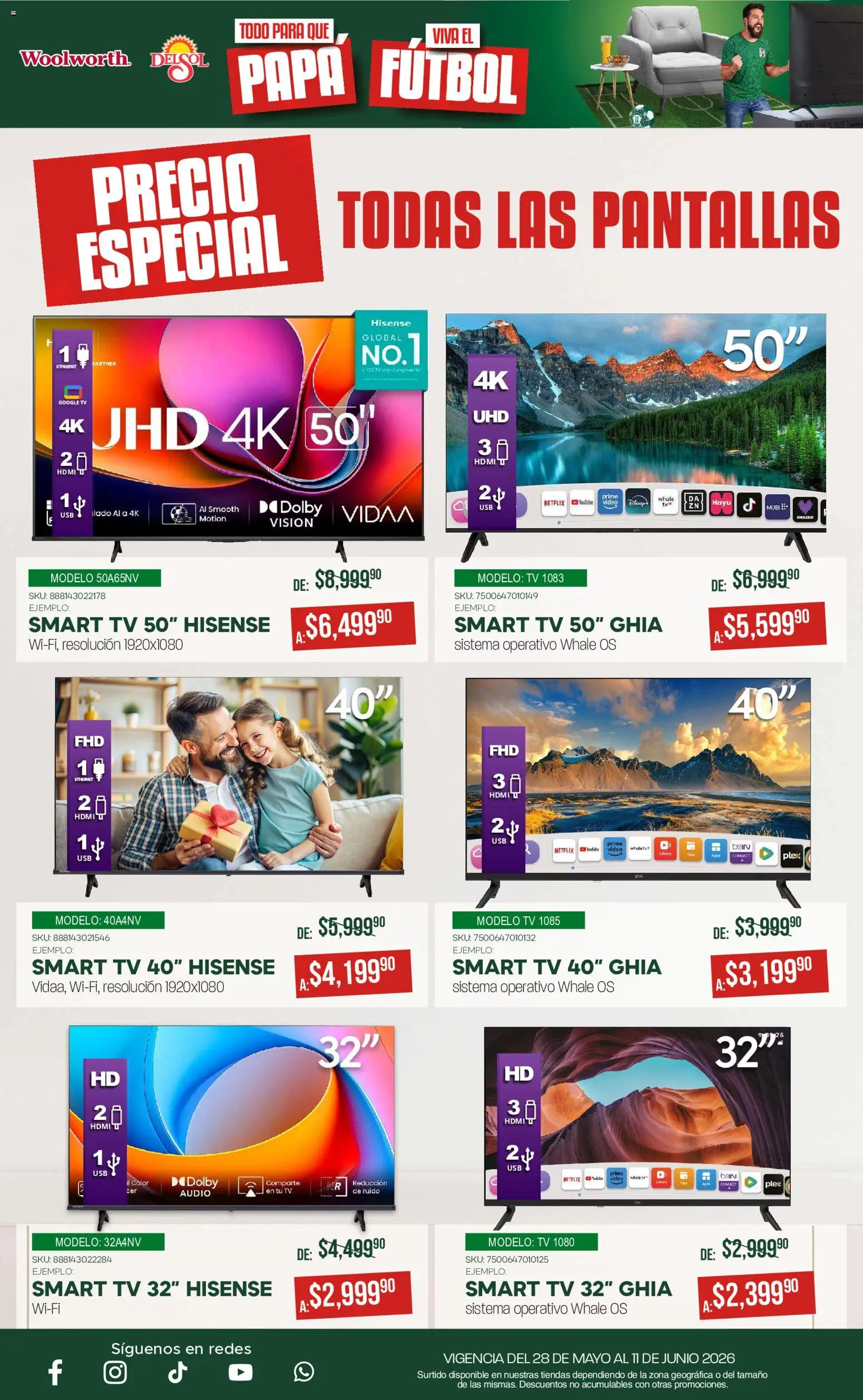 Nuevas ofertas de Del Sol y Woolworth válidas en toda la República Mexicana desde el 28.05.2026. ¡Encuentra las mejores ofertas en Del Sol y Woolworth catálogo! | Página: 4 | Productos: Usb, Pantallas, Audio, Video