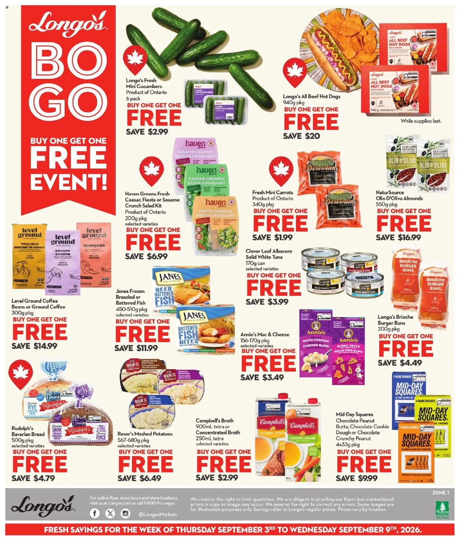 Longo's flyer valid from Sep 3, 2026 | Page: 3 | Products: Beef, Carrots, Almonds, Beer