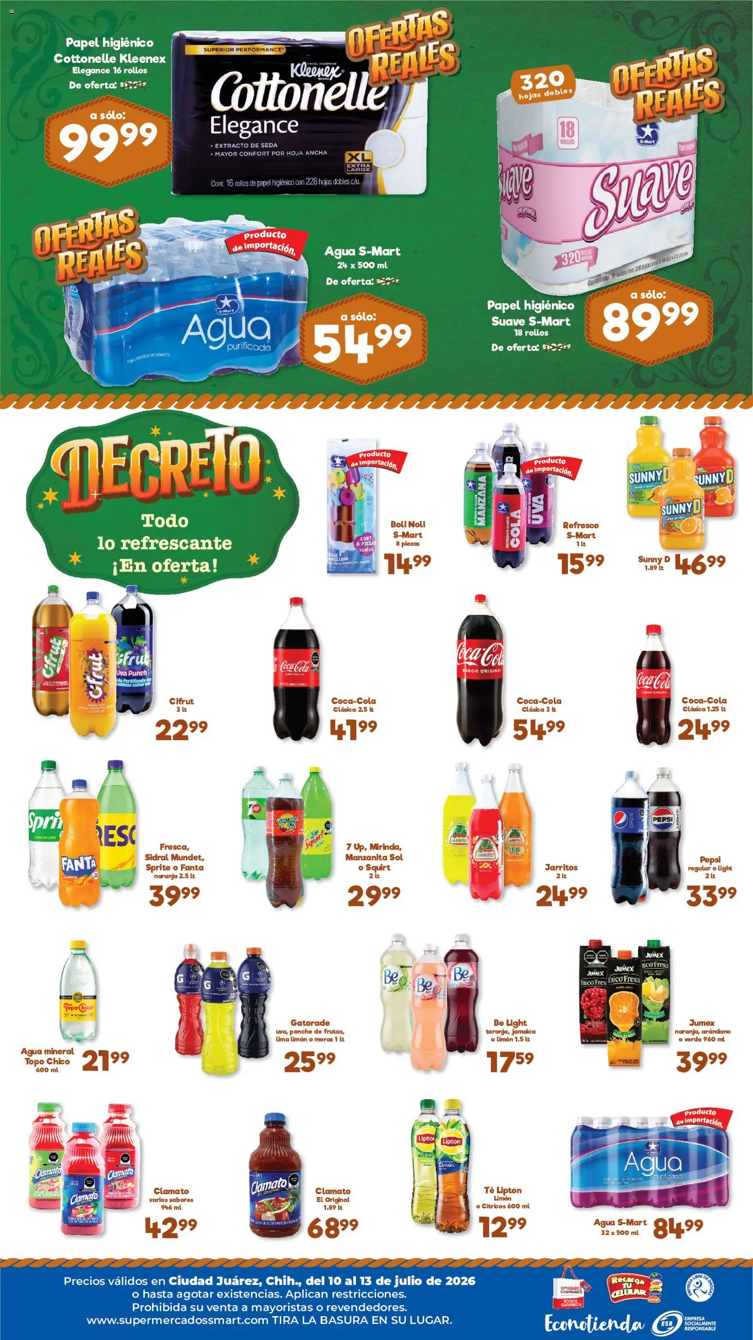 Nuevas ofertas de S-Mart válidas en toda la República Mexicana desde el 10/07/2026. ¡Encuentra las mejores ofertas en S-Mart folleto Ofertas de feria Juárez! | Página: 2 | Productos: Refresco, Uva, Papel higiénico, Té