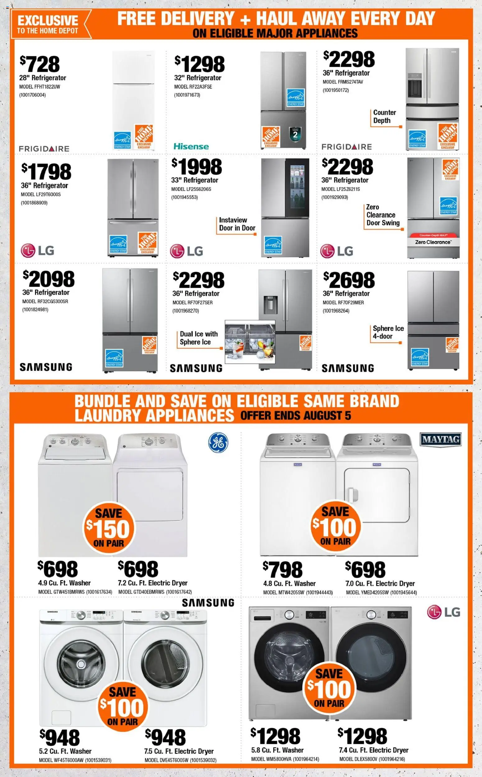 Home Depot flyer valid from Jul 23, 2026 | Page: 5 | Products: Refrigerator, Dryer