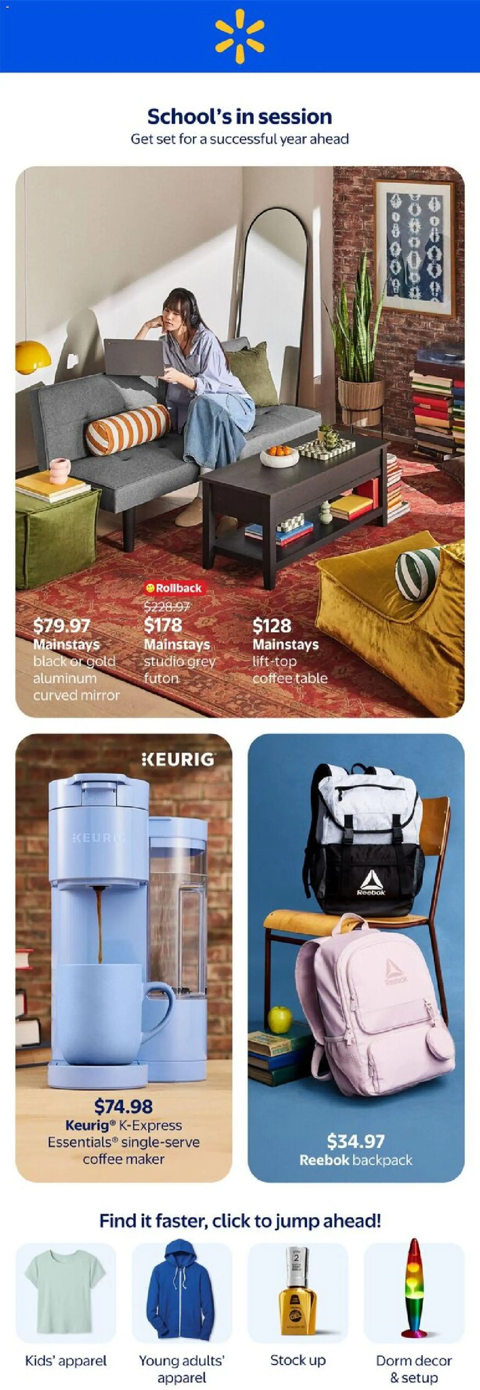 Walmart flyer valid from Jul 30, 2026 | Page: 1 | Products: Coffee table, Table, Shoes, Coffee
