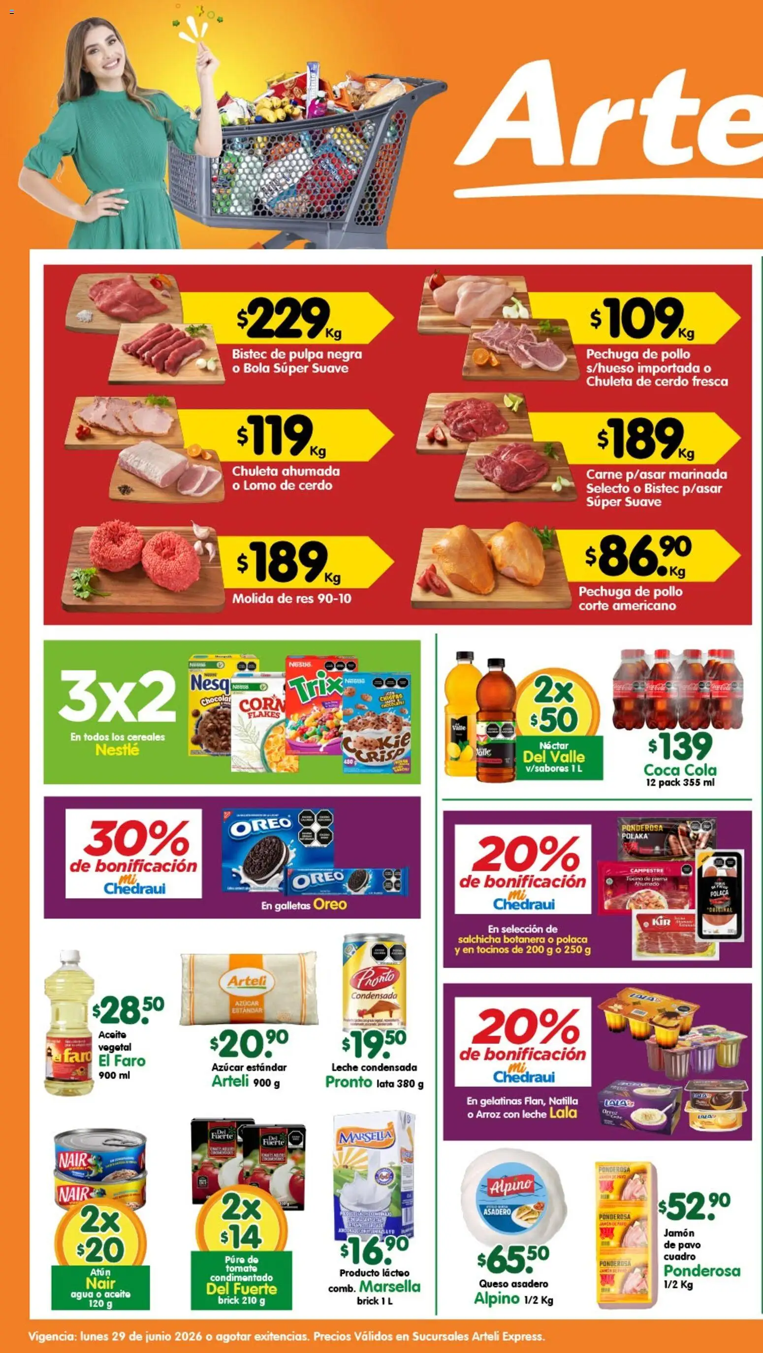 Nuevas ofertas de Arteli válidas en toda la República Mexicana desde el 29/06/2026. ¡Encuentra las mejores ofertas en Arteli folleto Express! | Página: 1 | Productos: Tocino, Leche, Aceite, Cerdo