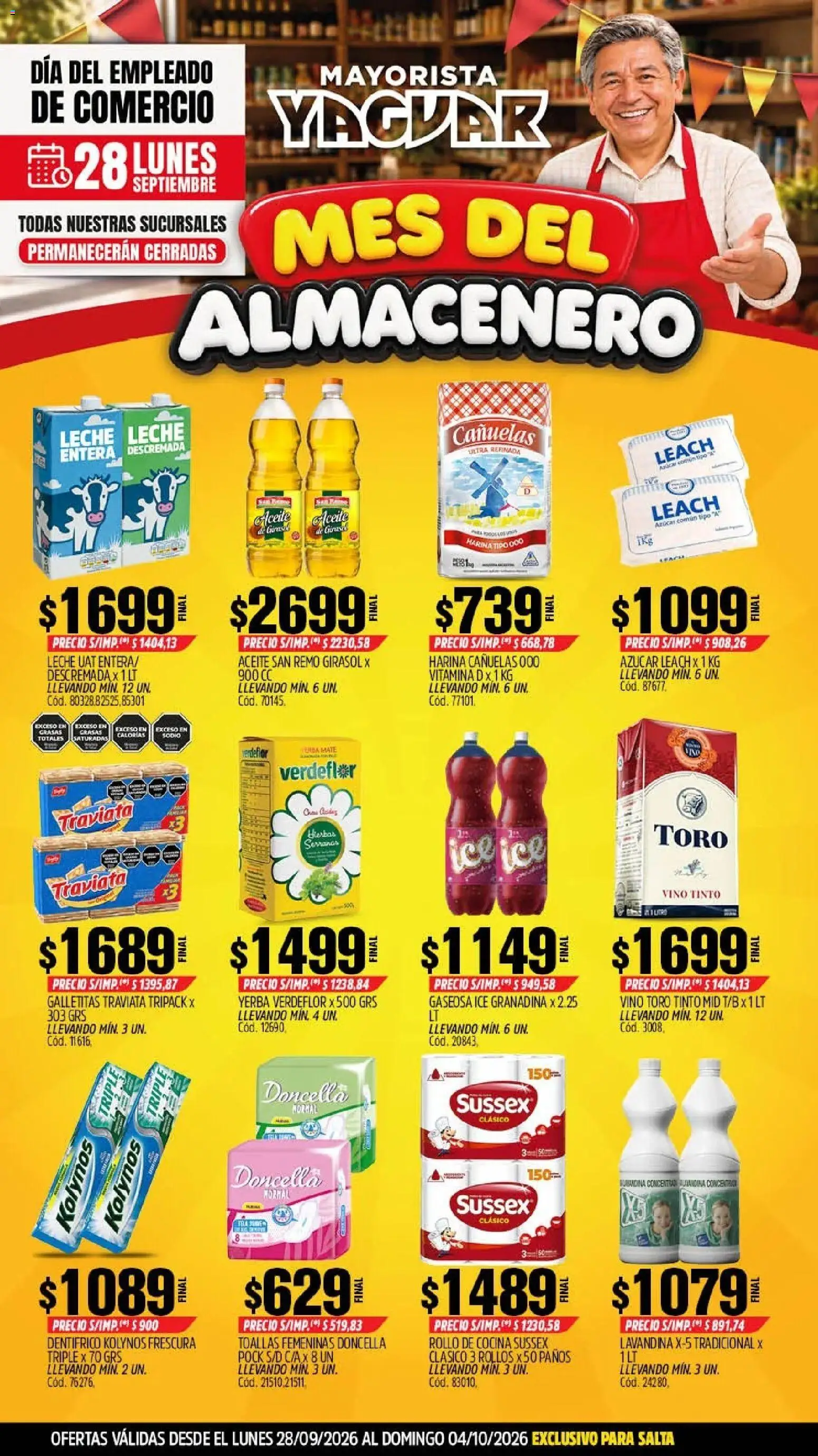 Yaguar - Oferta Semanal Salta │ válido desde el 28/09/2026 | Página: 1 | Productos: Lavandina, Mate, Harina, Aceite