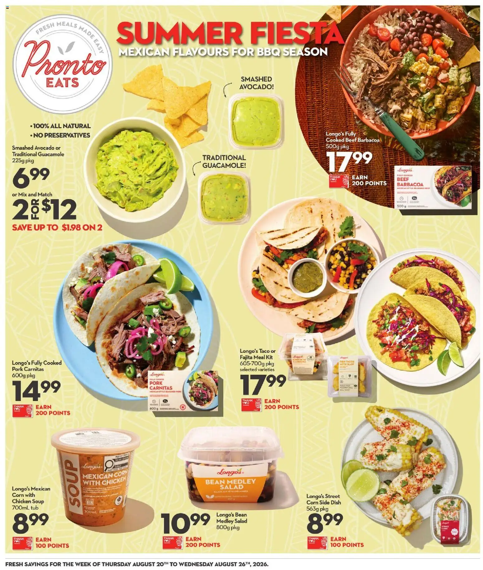 Longo's flyer valid from Aug 20, 2026 | Page: 18 | Products: Fish, Salad, Guacamole, Corn