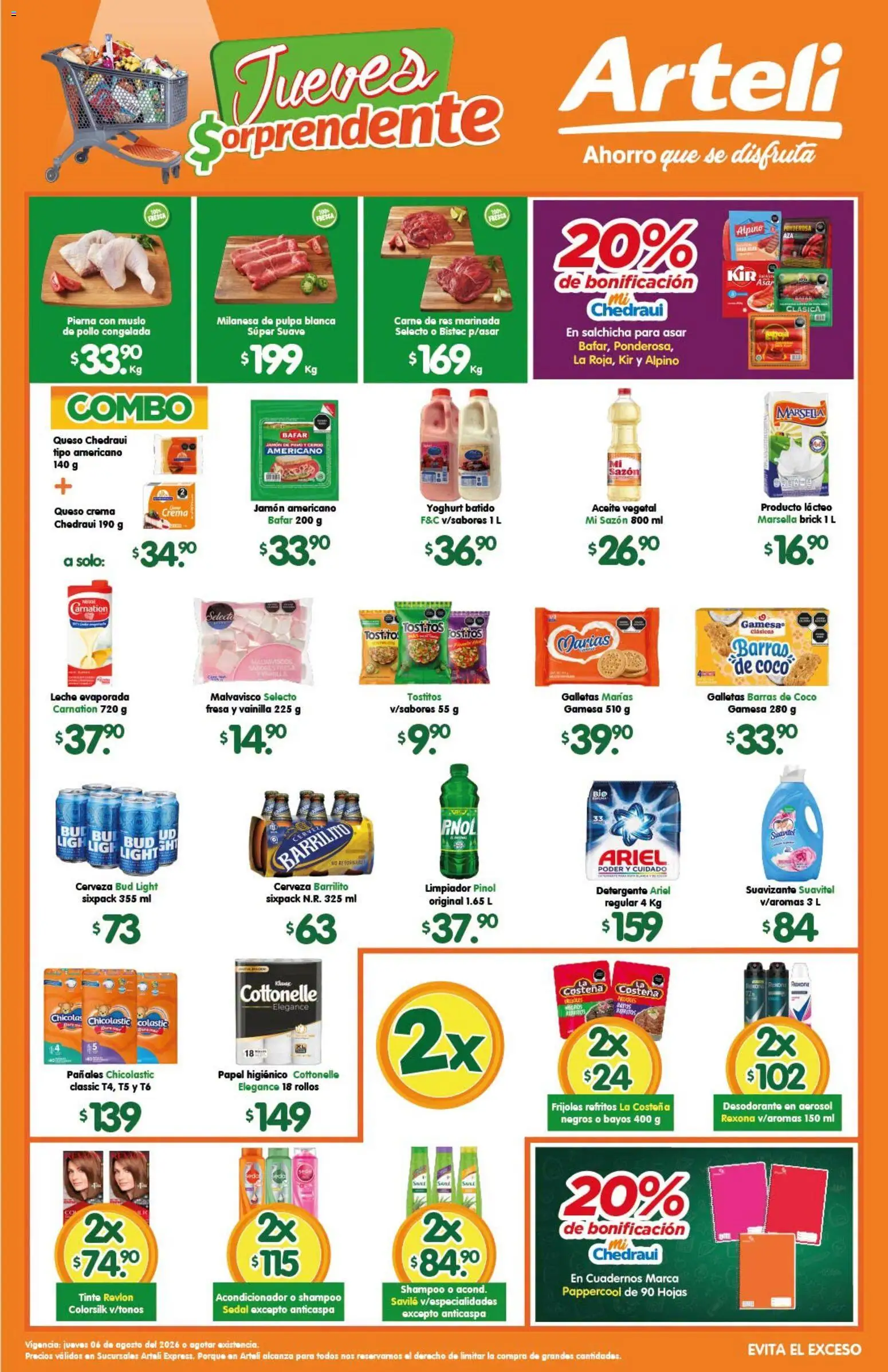 Nuevas ofertas de Arteli válidas en toda la República Mexicana desde el 06/08/2026. ¡Encuentra las mejores ofertas en Arteli folleto Express! | Página: 1 | Productos: Galletas, Limpiador, Cuadernos, Acondicionador
