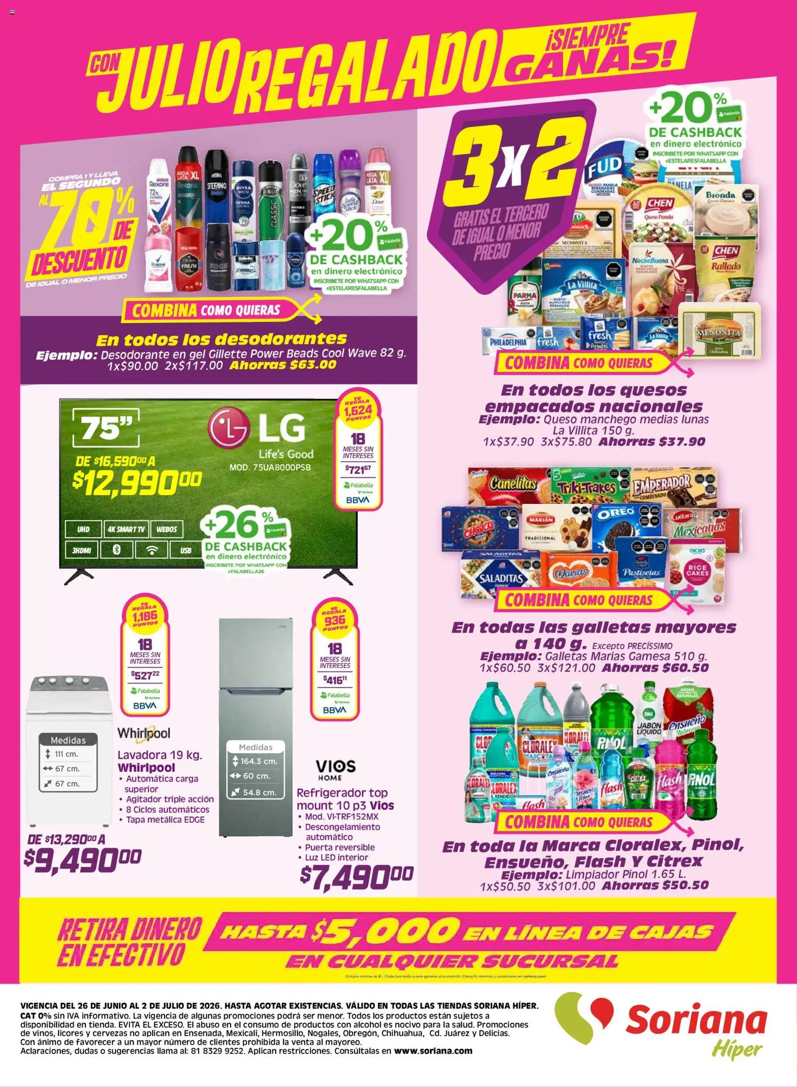 Nuevas ofertas de Soriana válidas en toda la República Mexicana desde el 26/06/2026. ¡Encuentra las mejores ofertas en Soriana Julio Regalado Híper Nacional! | Página: 8 | Productos: Refrigerador, Galletas, Lavadora, Jabón