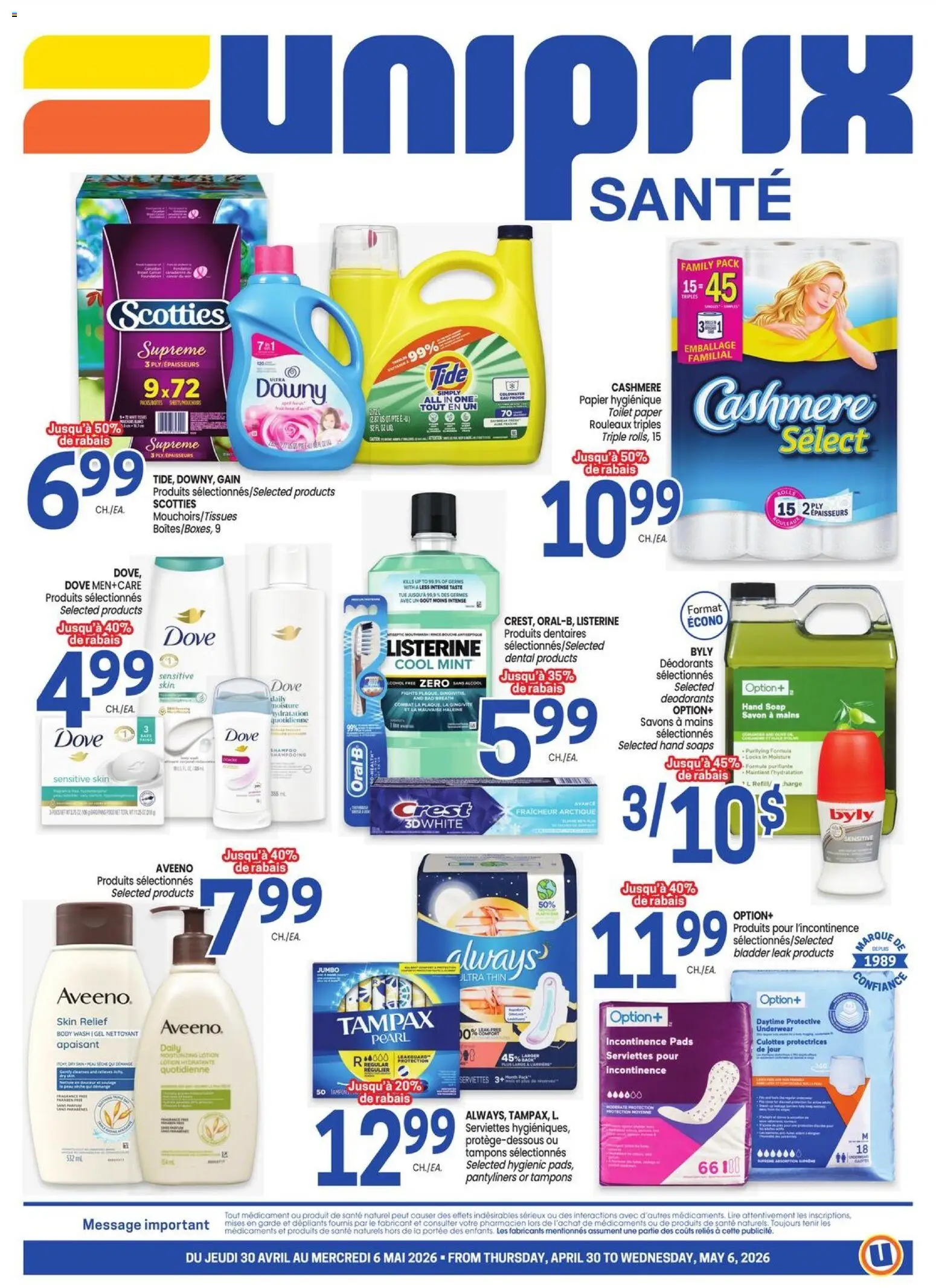 Uniprix flyer valid from 30.04.2026 | Page: 1 | Products: Shampoo, Soap, Body wash, Underwear