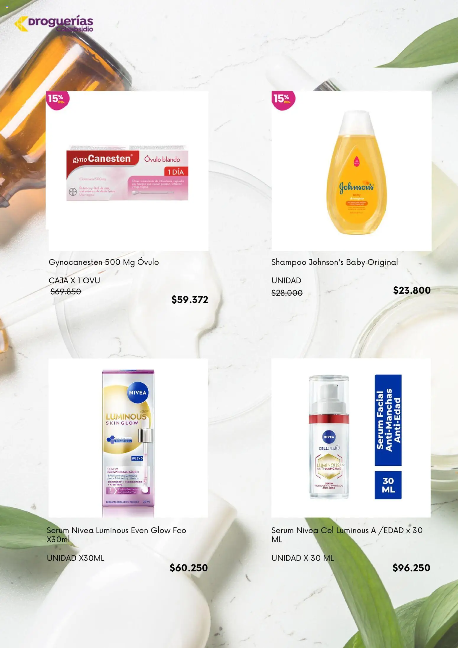 Colsubsidio revista - valida desde el 01/08/2026 | Página: 2 | Productos: Serum, Shampoo, Caja, Loción tonificante