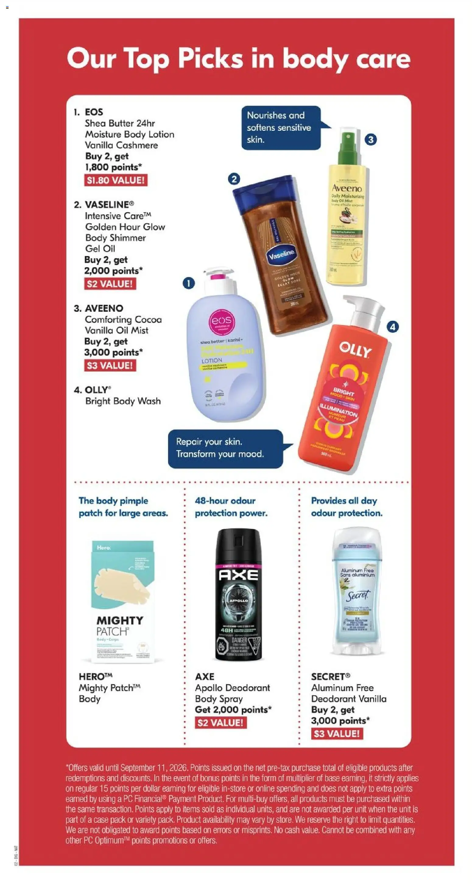 Shoppers flyer valid from Aug 29, 2026 | Page: 22 | Products: PC, Case, Body lotion, Oil