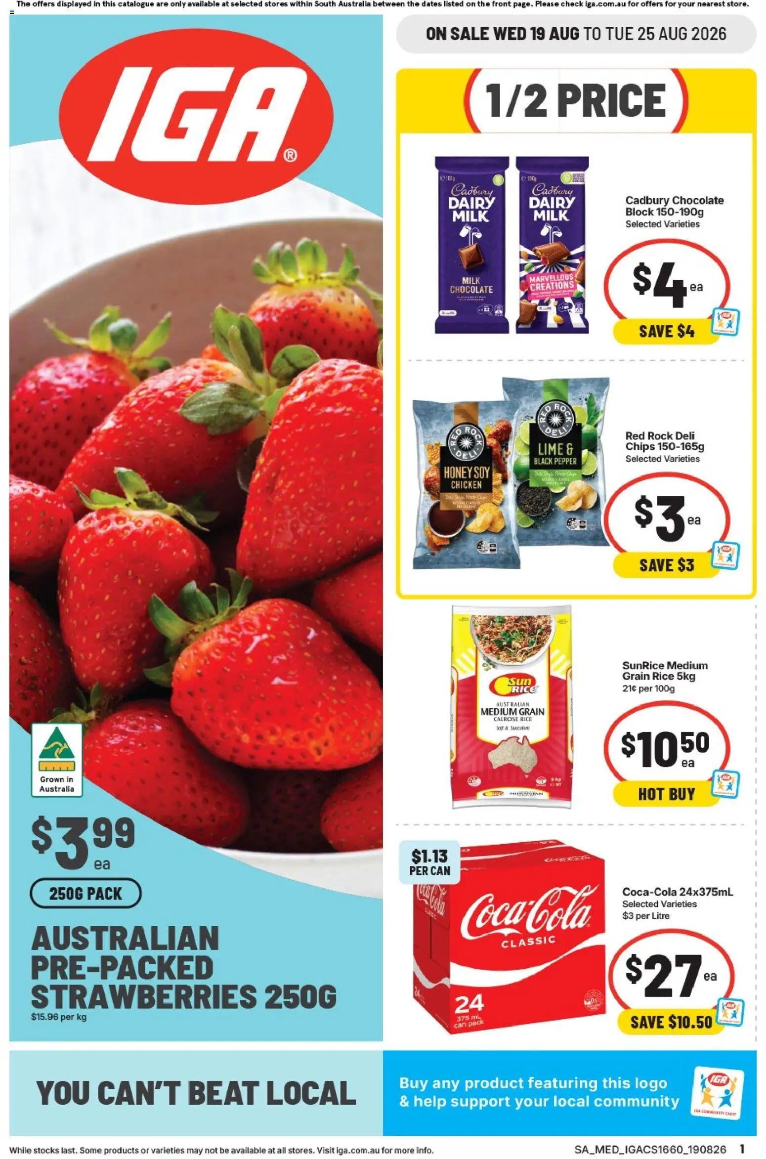IGA catalogue - valid from 19/08/2026 | Page: 1 | Products: Chicken, Strawberries, Chips, Pepper