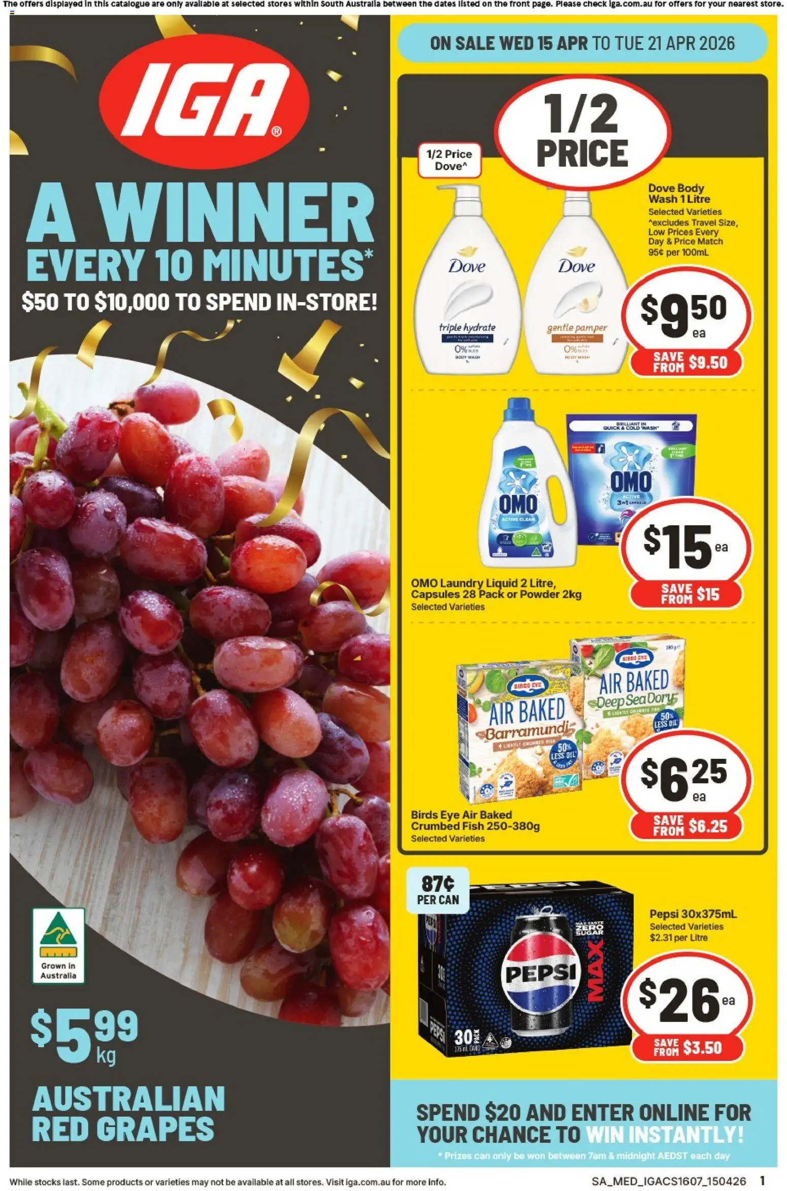 IGA catalogue - valid from 15.04.2026 | Page: 1 | Products: Powder, Fish, Grapes, Laundry