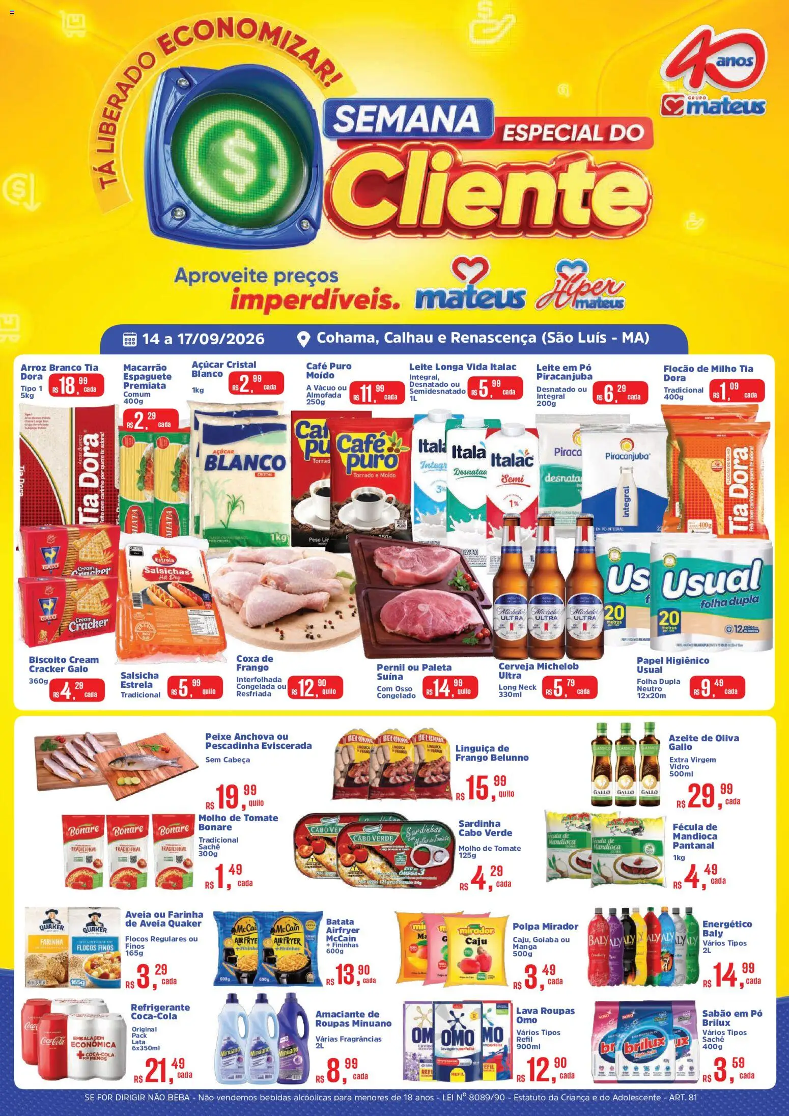 Mateus Folheto - válido de 14/09/2026 | Página: 1 | Produtos: Leite longa vida, Salsichas, Pernil, Milho
