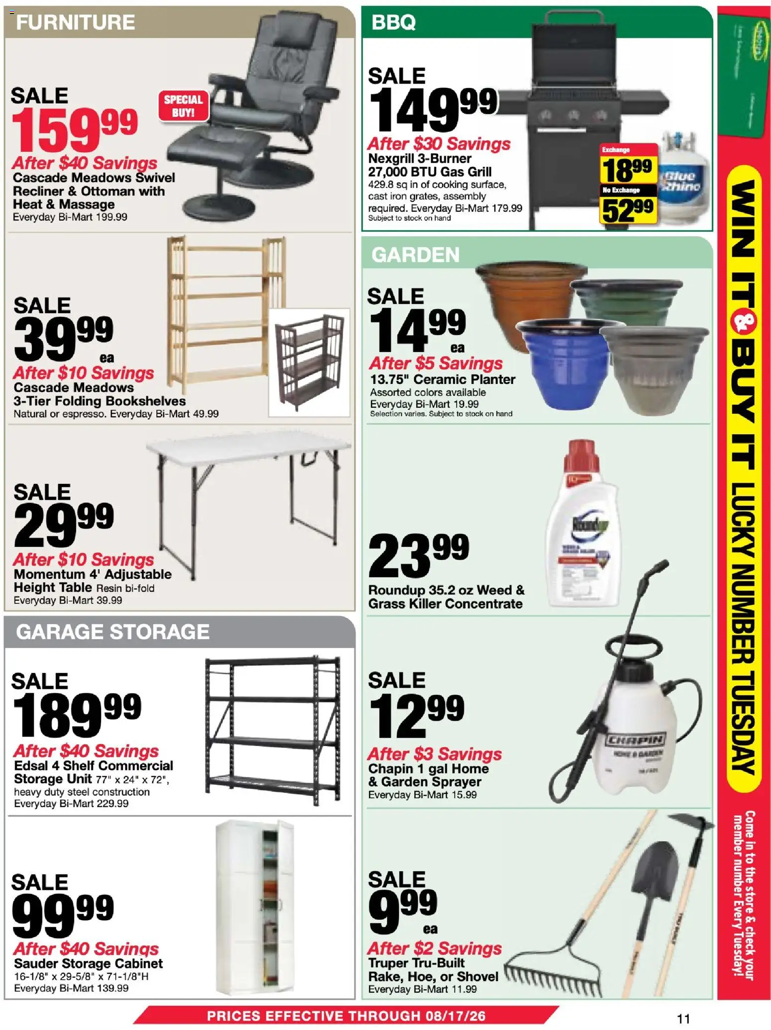 Bi-Mart Membership Savings Book - valid from 07/28/2026 | Page: 11 | Products: Shovel, Table, Ottoman, Grill