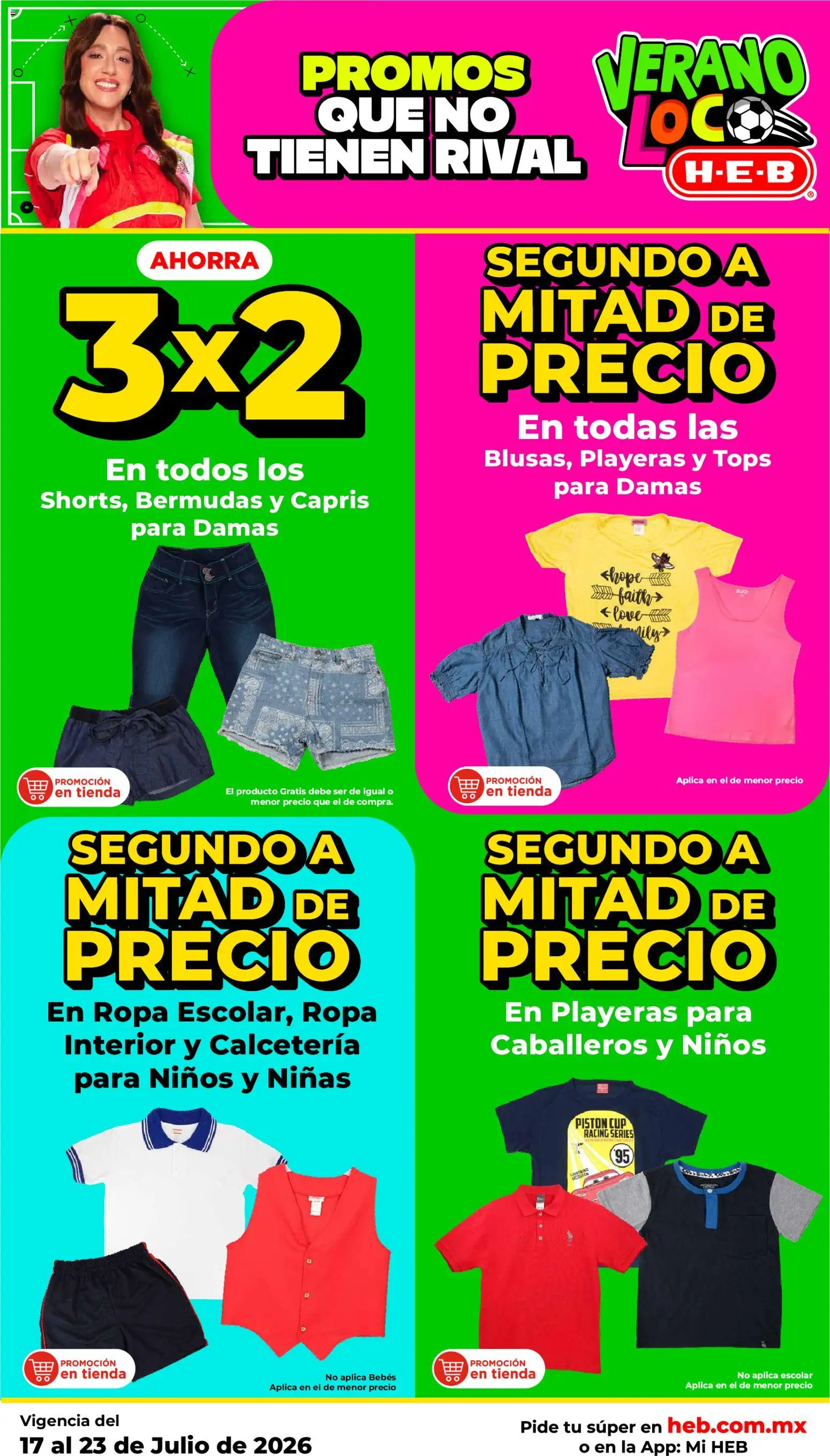 Nuevas ofertas de H-E-B válidas en toda la República Mexicana desde el 17/07/2026. ¡Encuentra las mejores ofertas en H-E-B folleto! | Página: 20 | Productos: Bermudas, Ropa