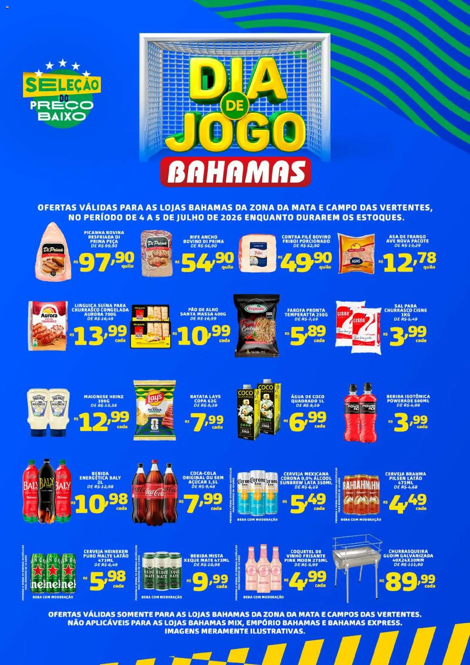 Bahamas Supermercados Folheto - válido de 04/07/2026 | Página: 1 | Produtos: Alho, Linguiça, Vinho, Cerveja