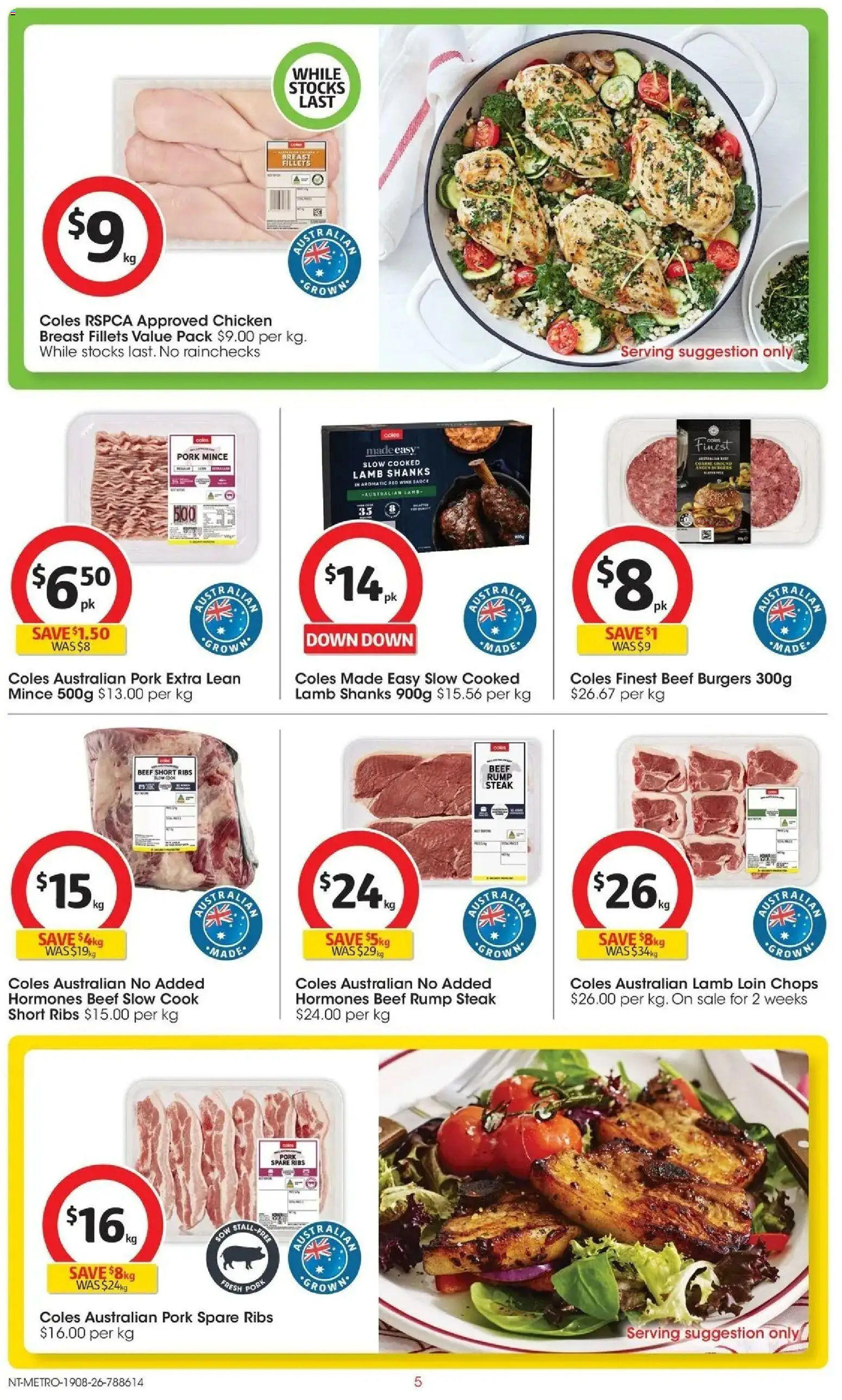 Coles catalogue - valid from 19/08/2026 | Page: 5 | Products: Burgers, Pork, Chicken breast, Steak