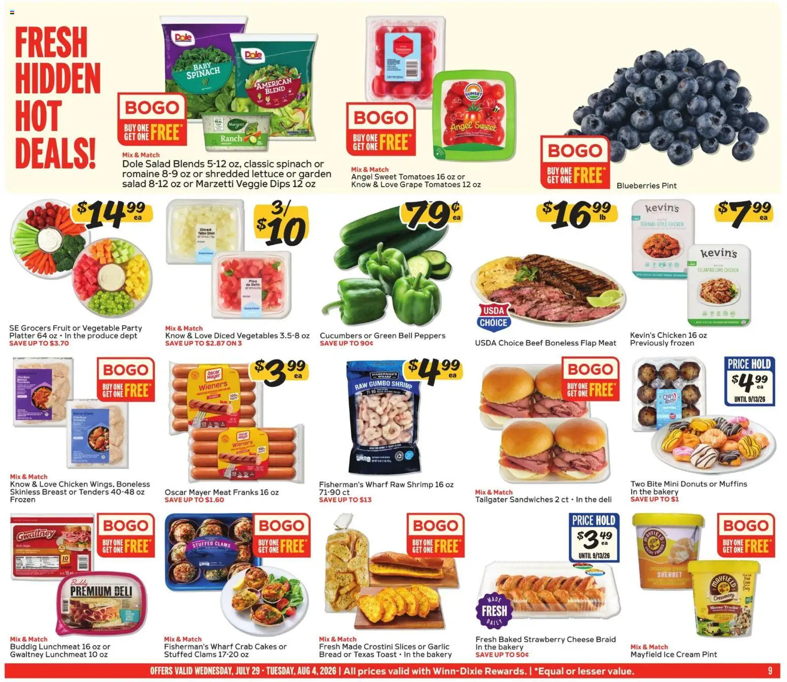 Winn Dixie Weekly Ad - valid from 07/29/2026 | Page: 9 | Products: Bakery, Romaine, Spinach, Vegetables