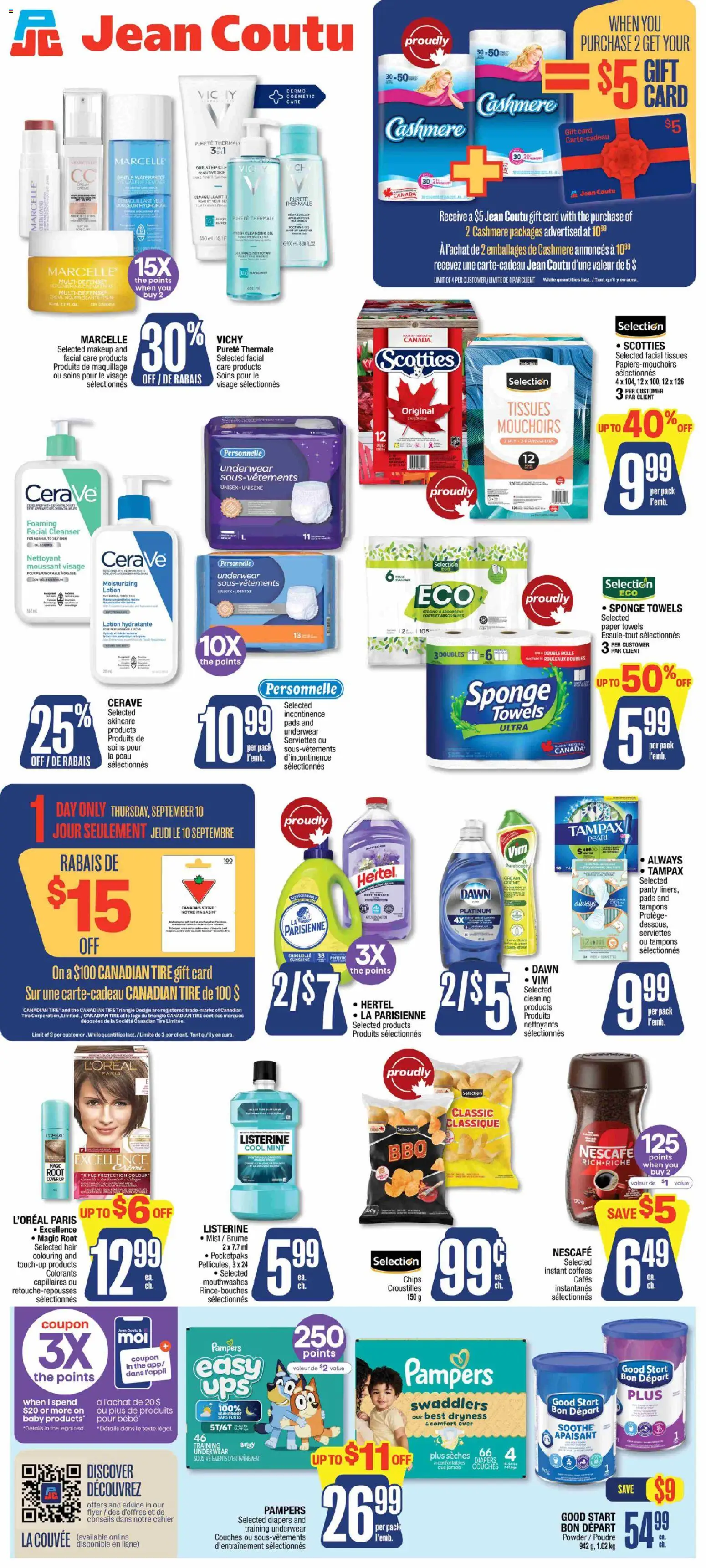 Jean Coutu flyer valid from Sep 10, 2026 | Page: 2 | Products: Cream, Paper towels, Listerine, Towels