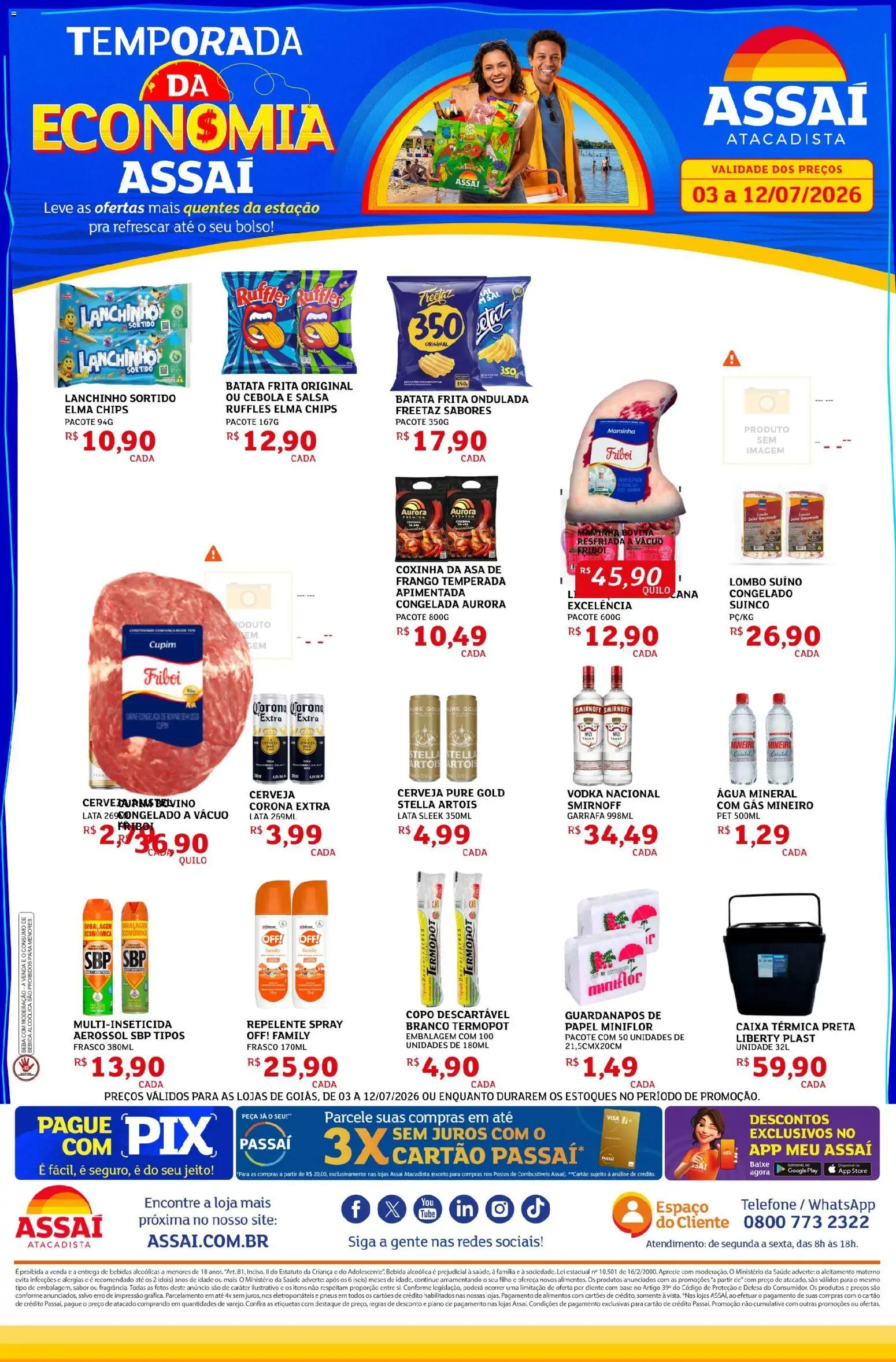 Assaí Atacadista Folheto - válido de 04/07/2026 | Página: 1 | Produtos: Caixa térmica, Lombo, Água mineral, Telefone