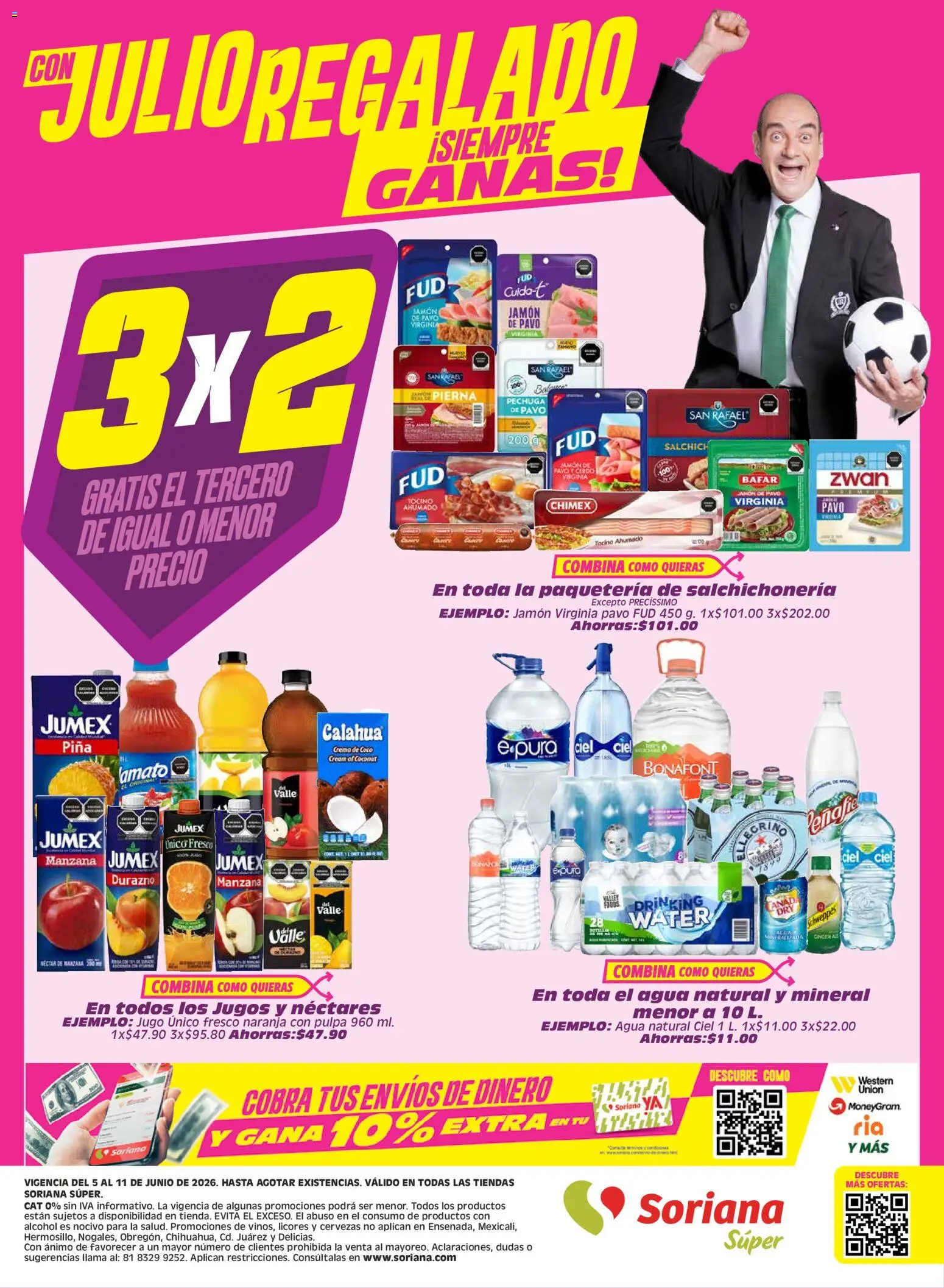 Nuevas ofertas de Soriana válidas en toda la República Mexicana desde el 05.06.2026. ¡Encuentra las mejores ofertas en Soriana Julio Regalado Súper Nacional! | Página: 11 | Productos: Tocino, Agua, Cerdo, Piña