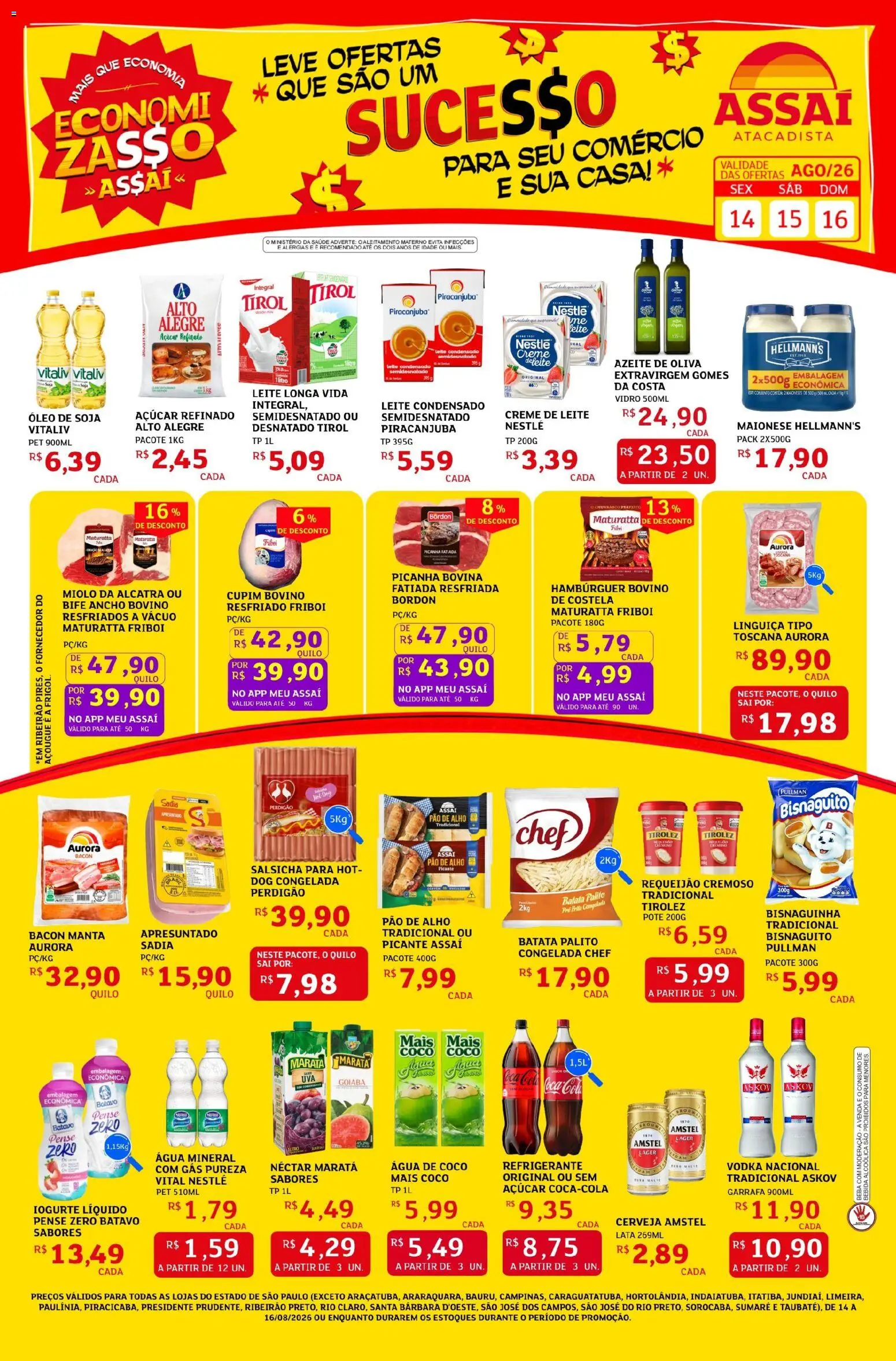 Assaí Atacadista Folheto - válido de 14/08/2026 | Página: 1 | Produtos: Linguiça, Leite, Água mineral, Creme de leite
