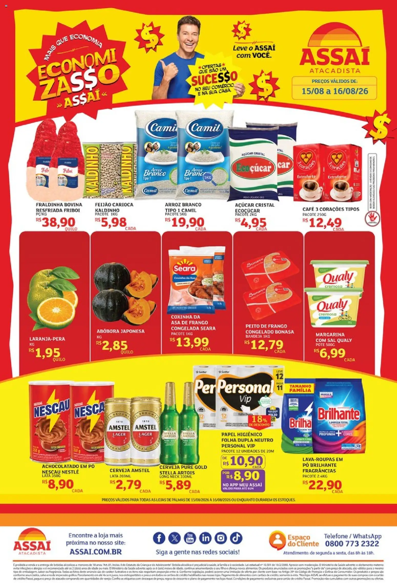 Assaí Atacadista Folheto - válido de 15/08/2026 | Página: 1 | Produtos: Arroz, Telefone, Frango, Açúcar cristal