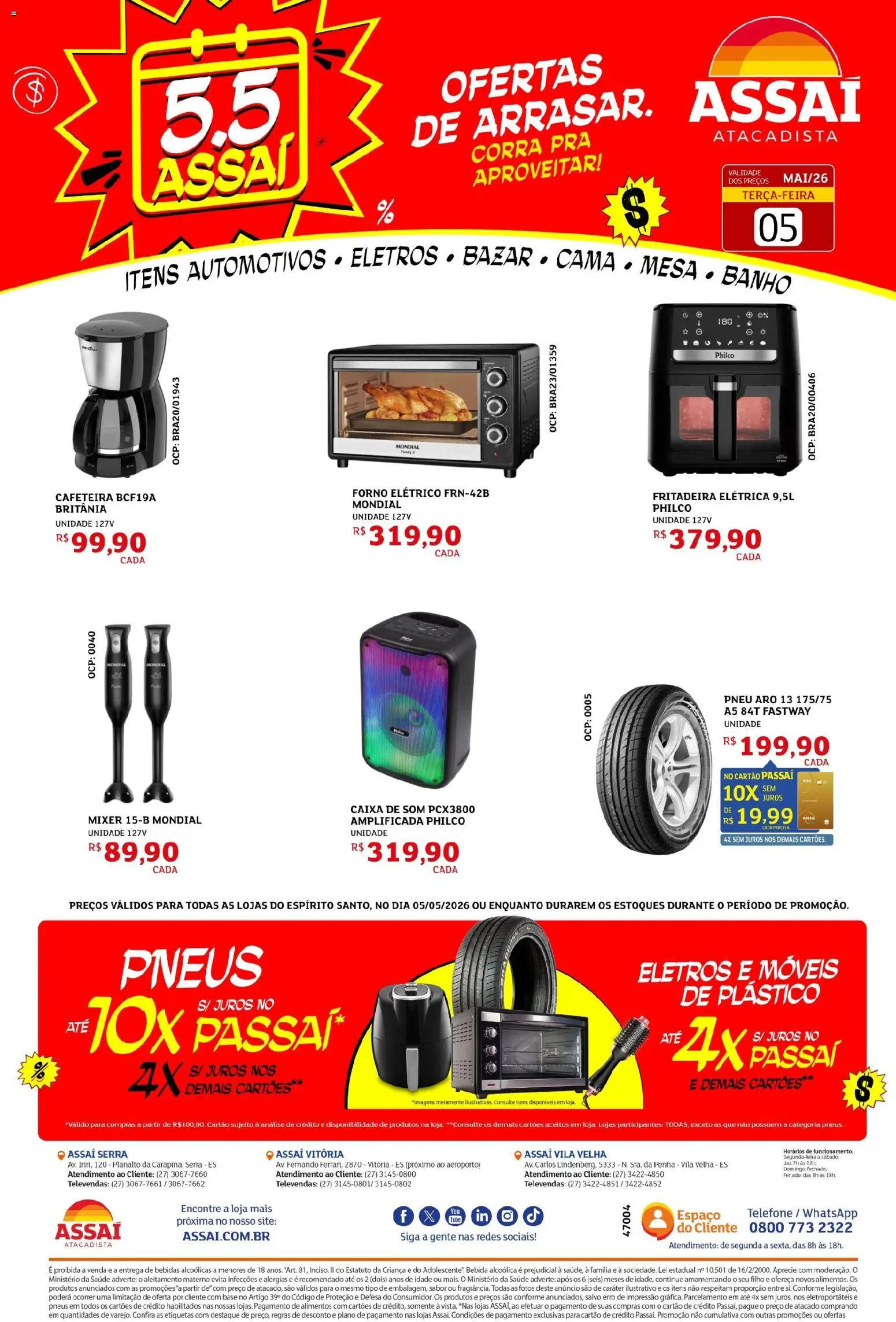 Assaí Atacadista Folheto - válido de 05.05.2026 | Página: 1 | Produtos: Caixa de som, Fritadeira elétrica, Forno elétrico, Pneus