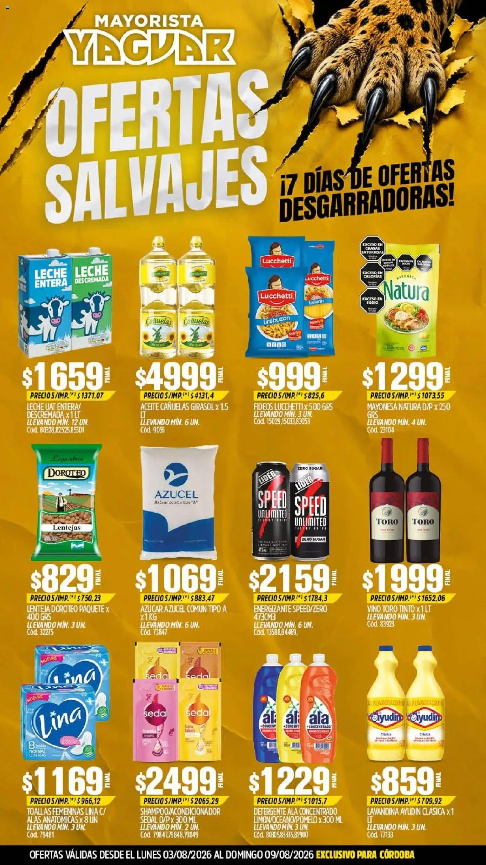 Yaguar - Oferta Semanal Córdoba │ válido desde el 03/08/2026 | Página: 1 | Productos: Lentejas, Soda, Detergente, Vino