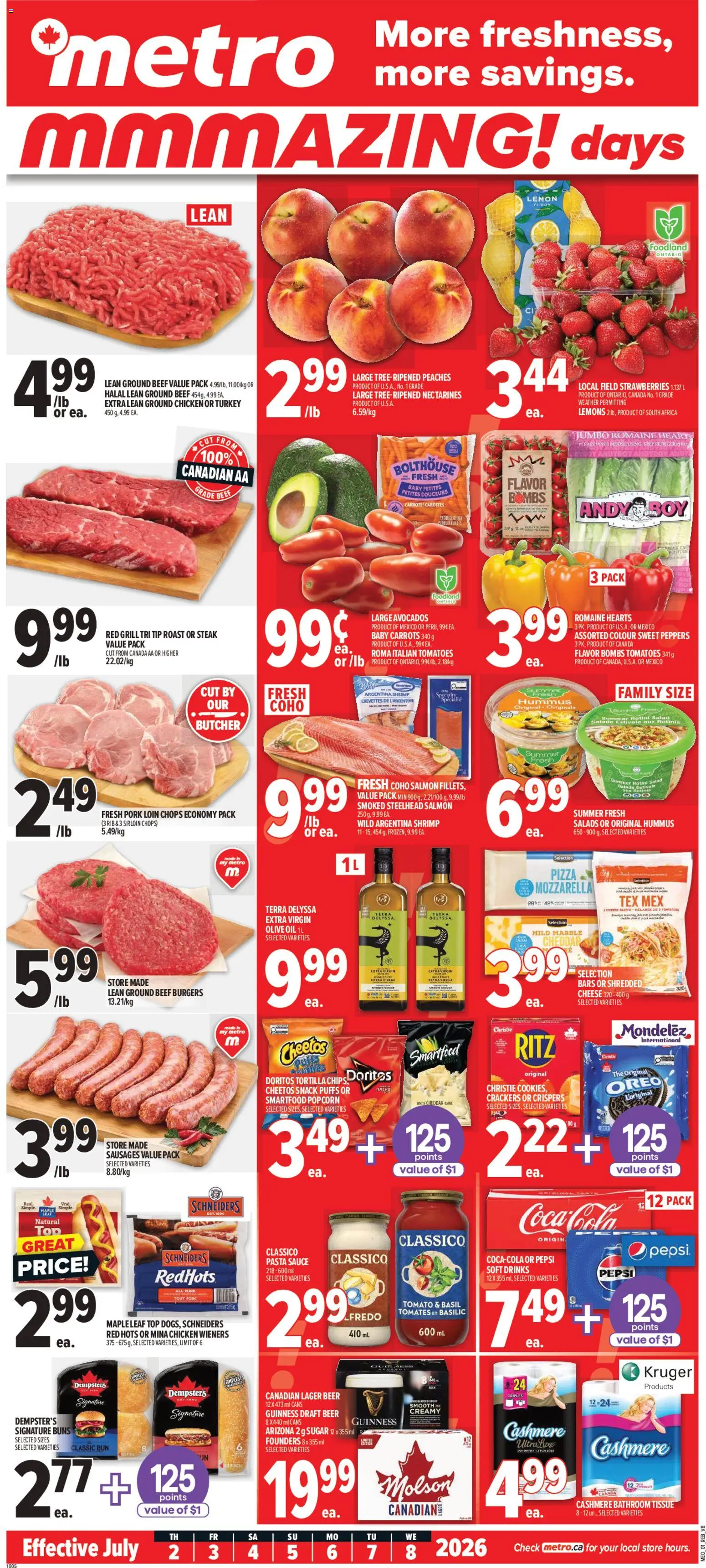 Metro flyer valid from Jul 2, 2026 | Page: 1 | Products: Strawberries, Pasta, Turkey, Beer