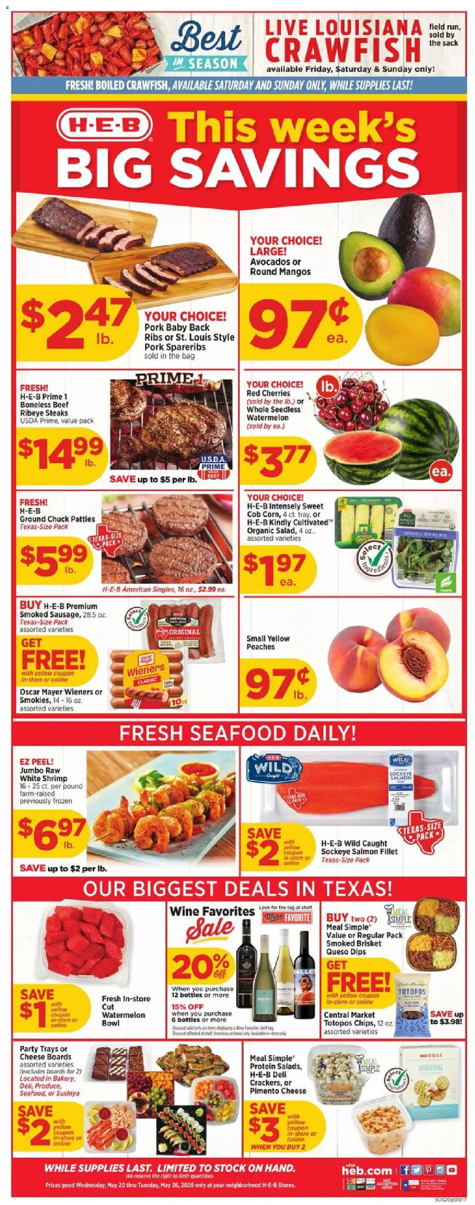 H-E-B Weekly Ad - valid from 20.05.2026 | Page: 1 | Products: Cherries, Peaches, Pork, Seafood